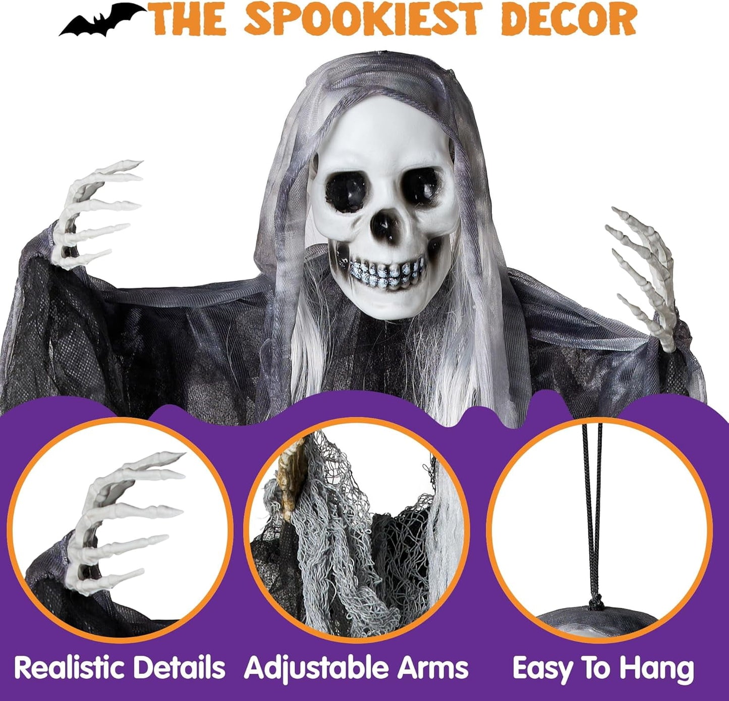 Hanging Ghost & Grim Reaper Halloween Decorations (3-Pack) — Indoor/Outdoor