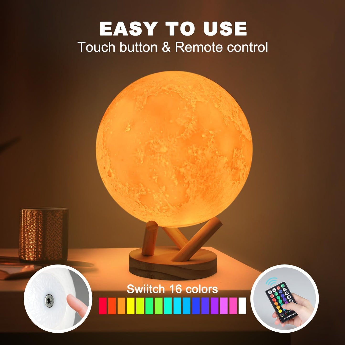 Harbor Home 3D Moon Lamp — 16-Color LED Night Light with Stand & Remote