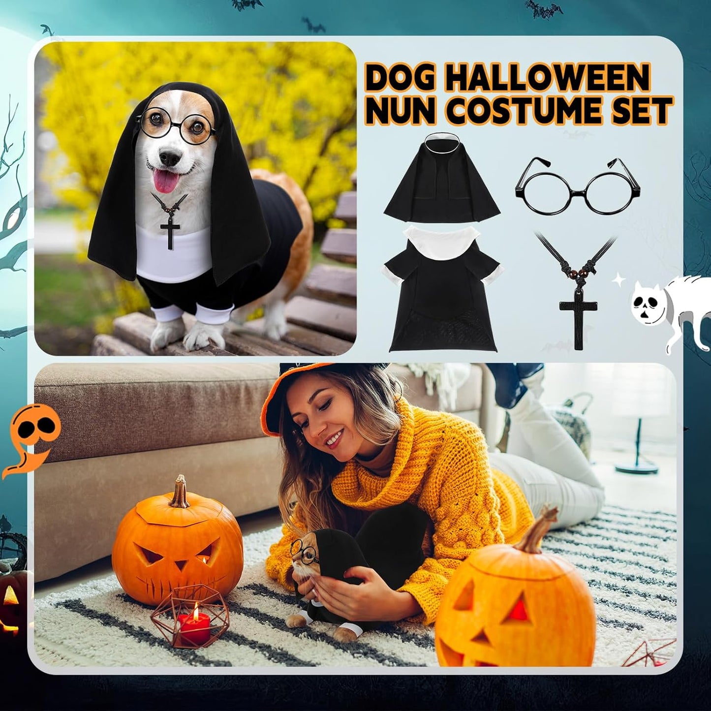 4 Pcs Dog Halloween Nun Costume Set Pet Nun Clothes with Lensless Glasses Cross Necklace Funny Cat Puppy Cosplay Party Outfits for Halloween Dogs Cats Dress up Holiday Uniform Cosplay(M)