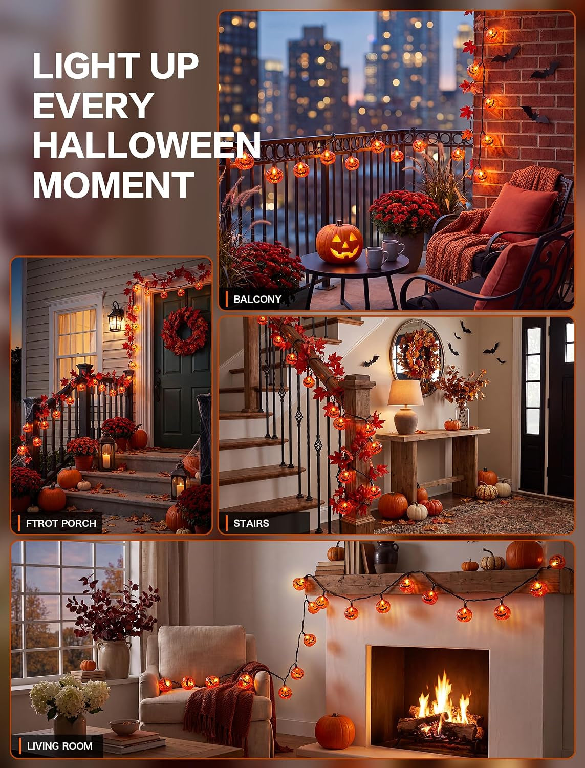 Halloween Pumpkin String Lights — 8.5Ft Jack-O-Lantern Lights Indoor Outdoor Decor