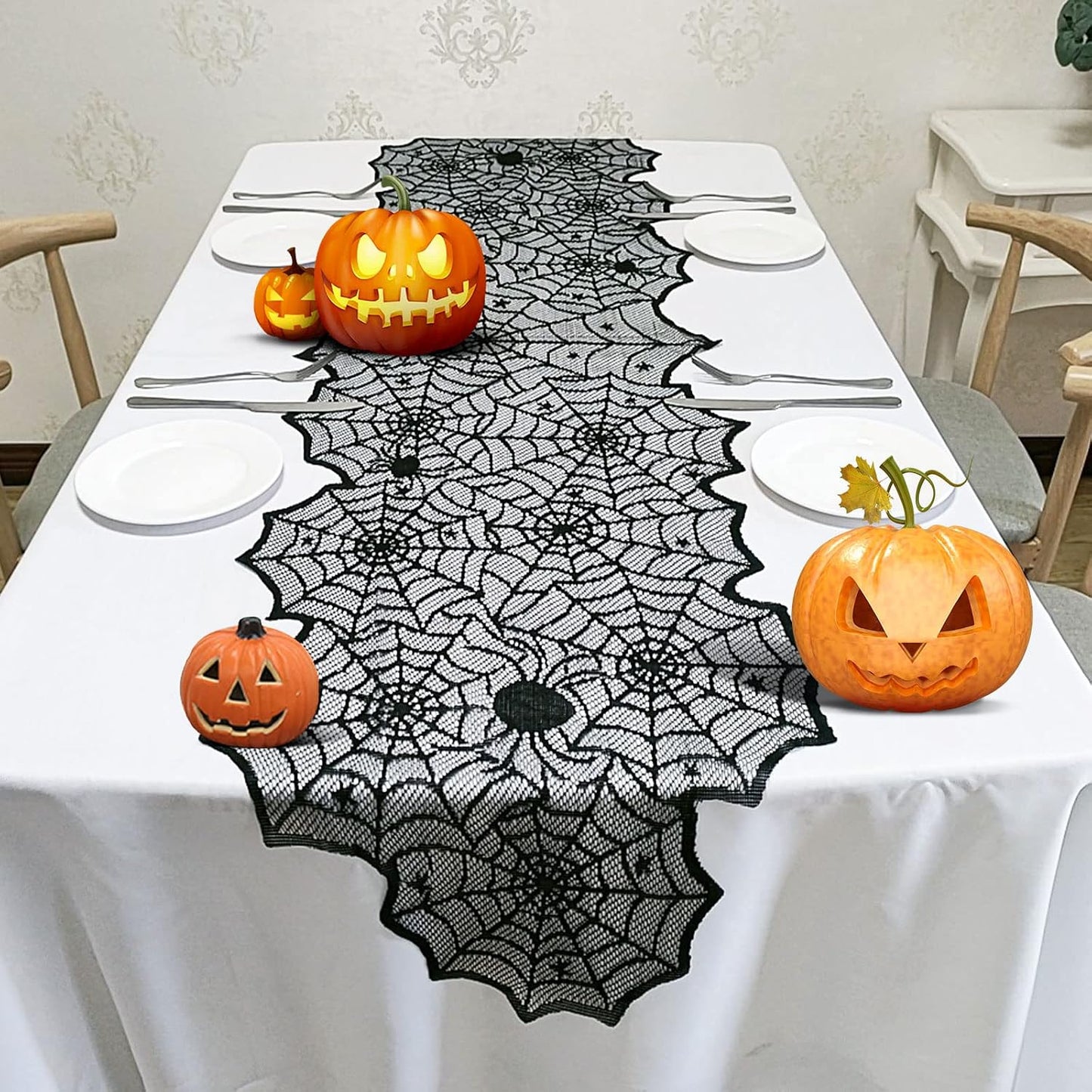Halloween Table Runner — Black Lace Spider Web 18X72 Spooky Table Decor
