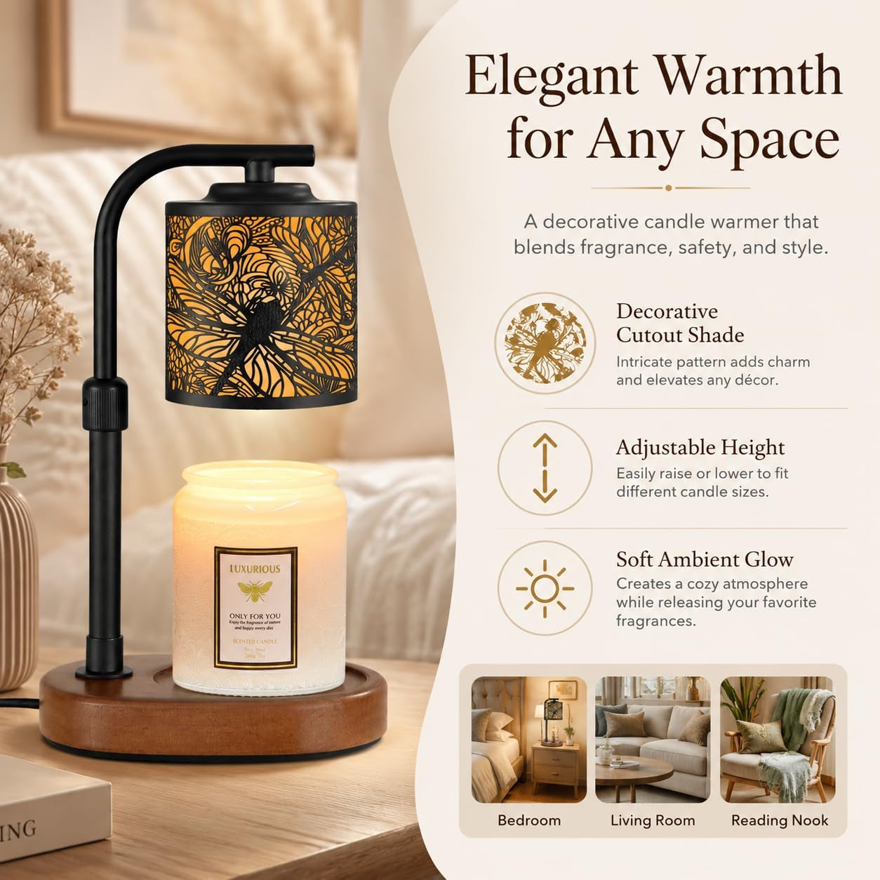 Gilded Dragonfly Candle Warmer Lamp with Timer — Artisan Wax Melt Warmer | Elegant Flameless Candle Light & Home Decor Gift