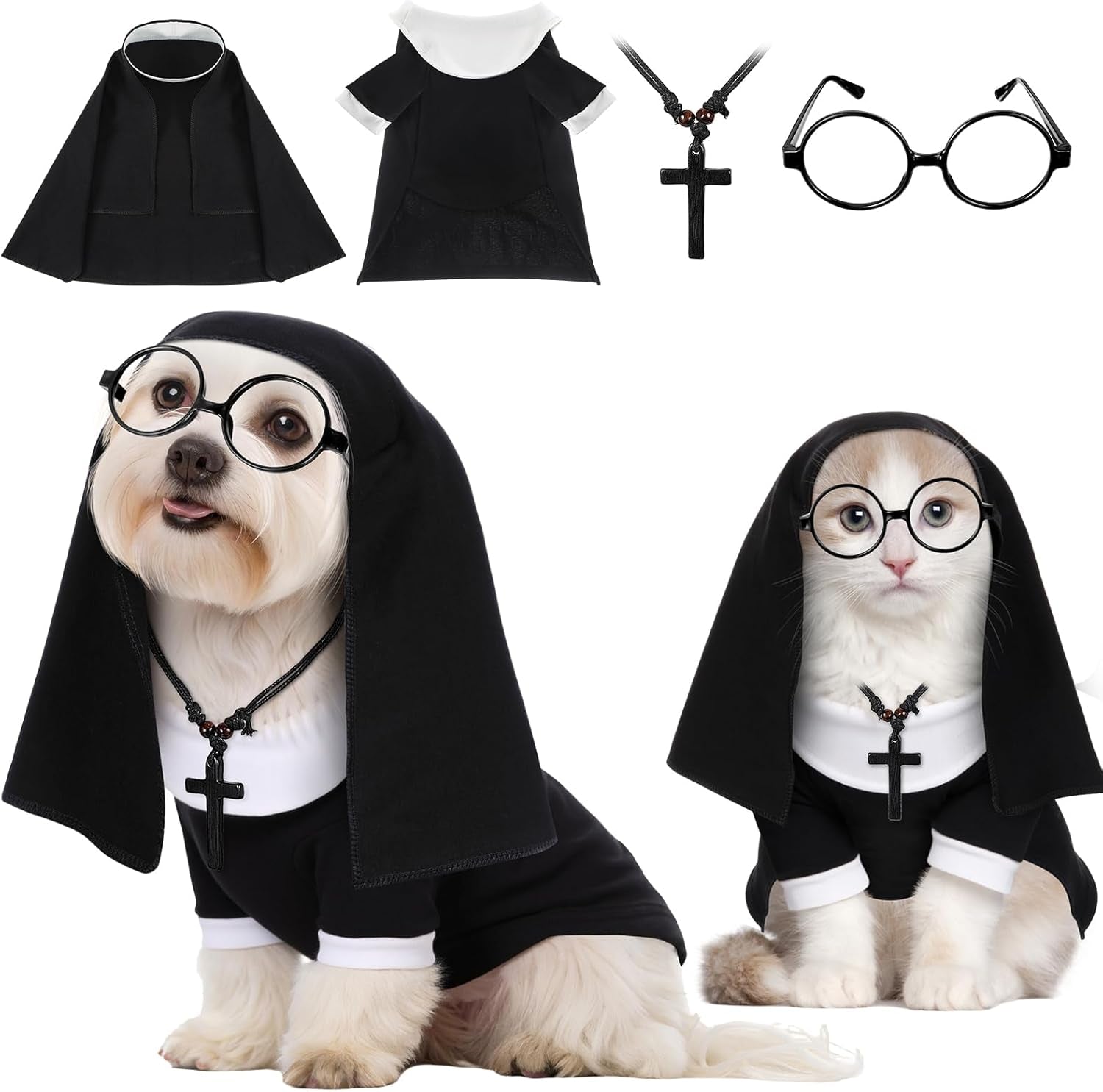 4 Pcs Dog Halloween Nun Costume Set Pet Nun Clothes with Lensless Glasses Cross Necklace Funny Cat Puppy Cosplay Party Outfits for Halloween Dogs Cats Dress up Holiday Uniform Cosplay(M)