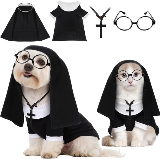 4 Pcs Dog Halloween Nun Costume Set Pet Nun Clothes with Lensless Glasses Cross Necklace Funny Cat Puppy Cosplay Party Outfits for Halloween Dogs Cats Dress up Holiday Uniform Cosplay(M)