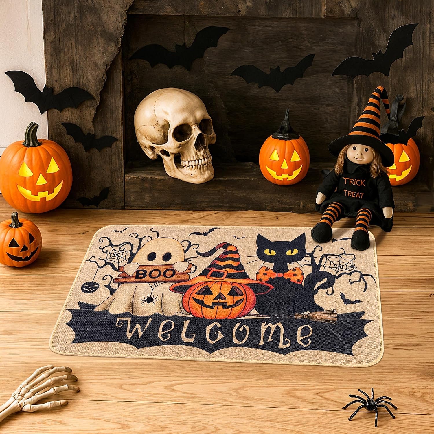 Halloween Doormat — Cute Ghost & Pumpkin Welcome Mat for Front Door Fall Decor