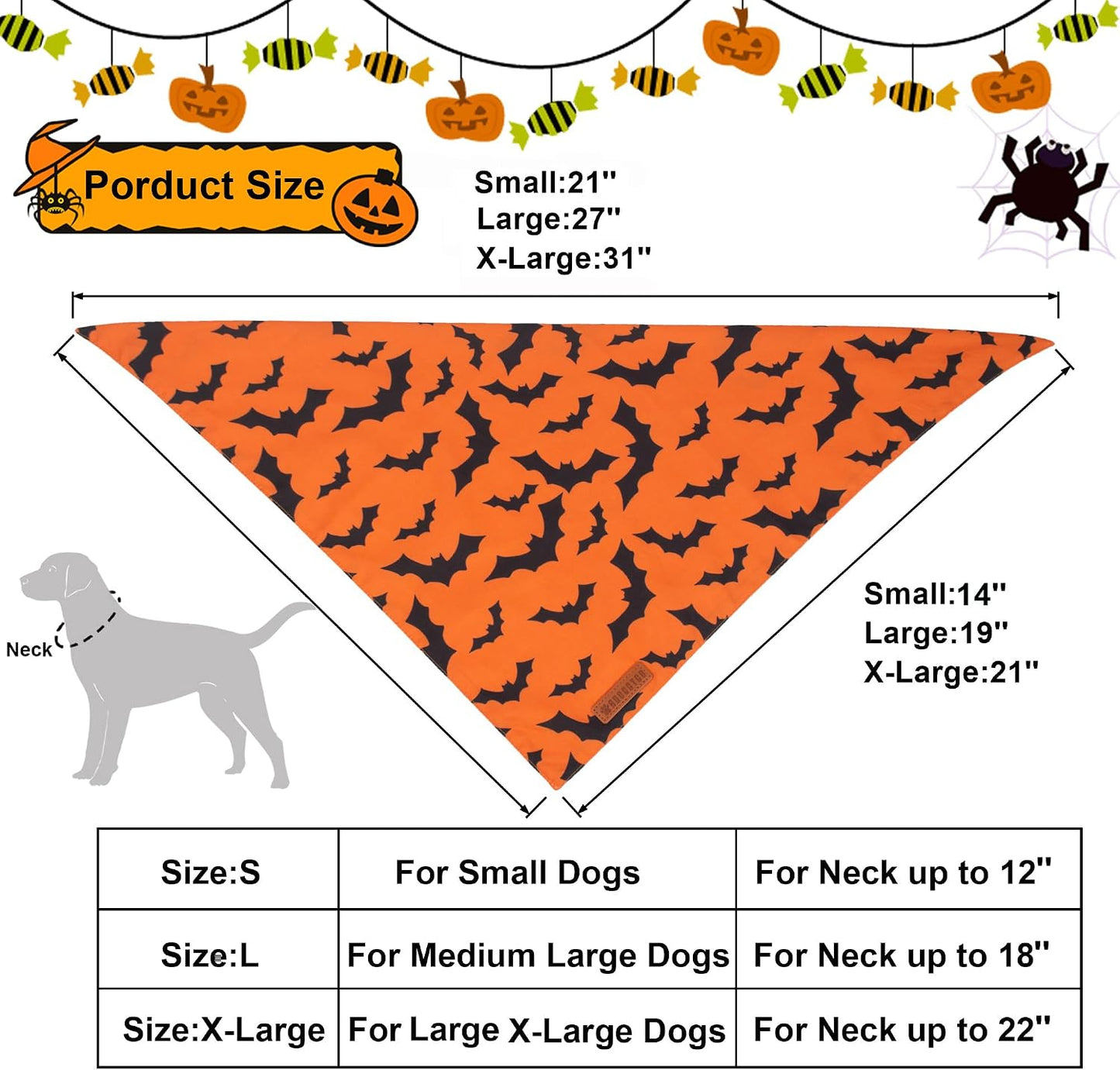 Halloween Dog Bandana, Pumpkin Bat Pet Scarf, Premium Durable Fabric, Orange Black Halloween Bandanas for Medium Large Dogs Pets (Large)