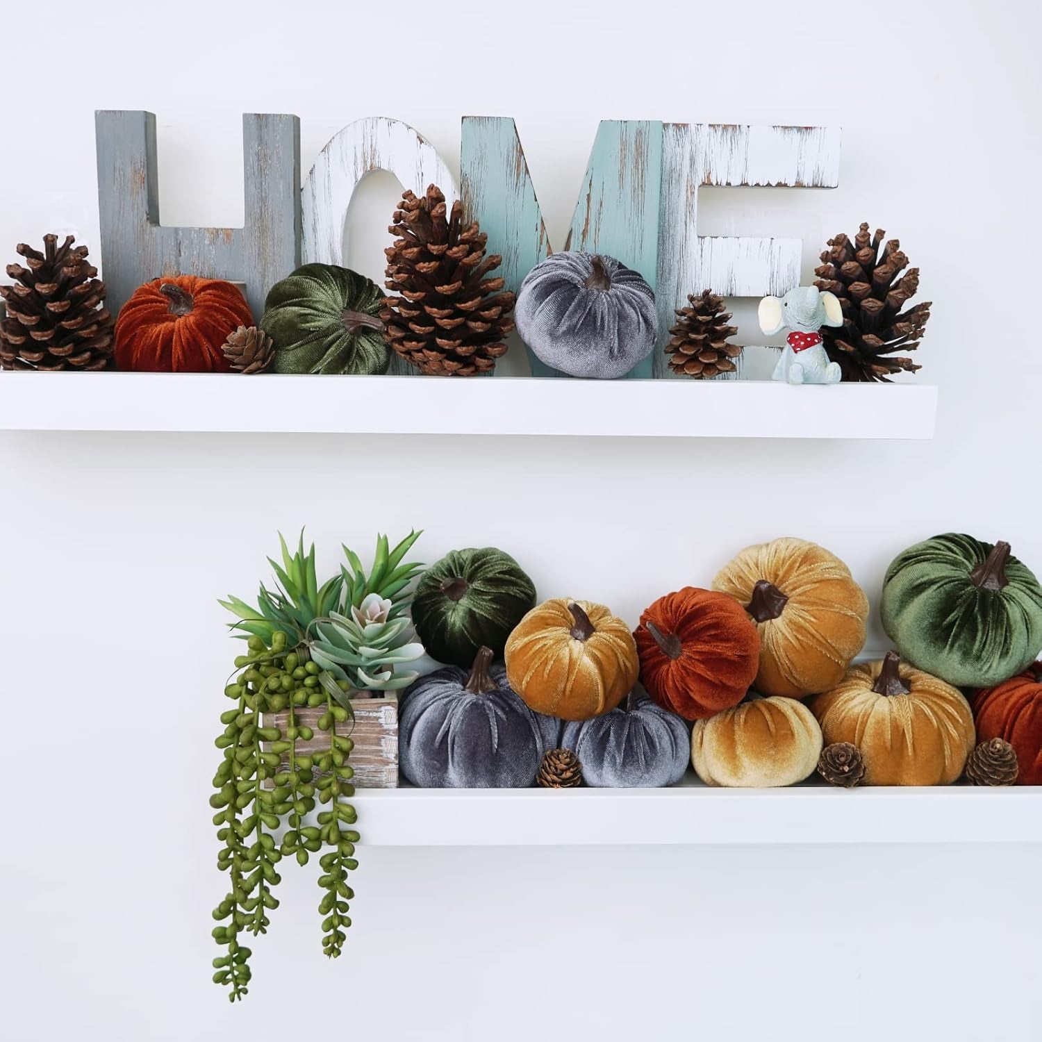 Faux Velvet Pumpkins — Set of 16 Fall Thanksgiving Table Centerpiece Decor