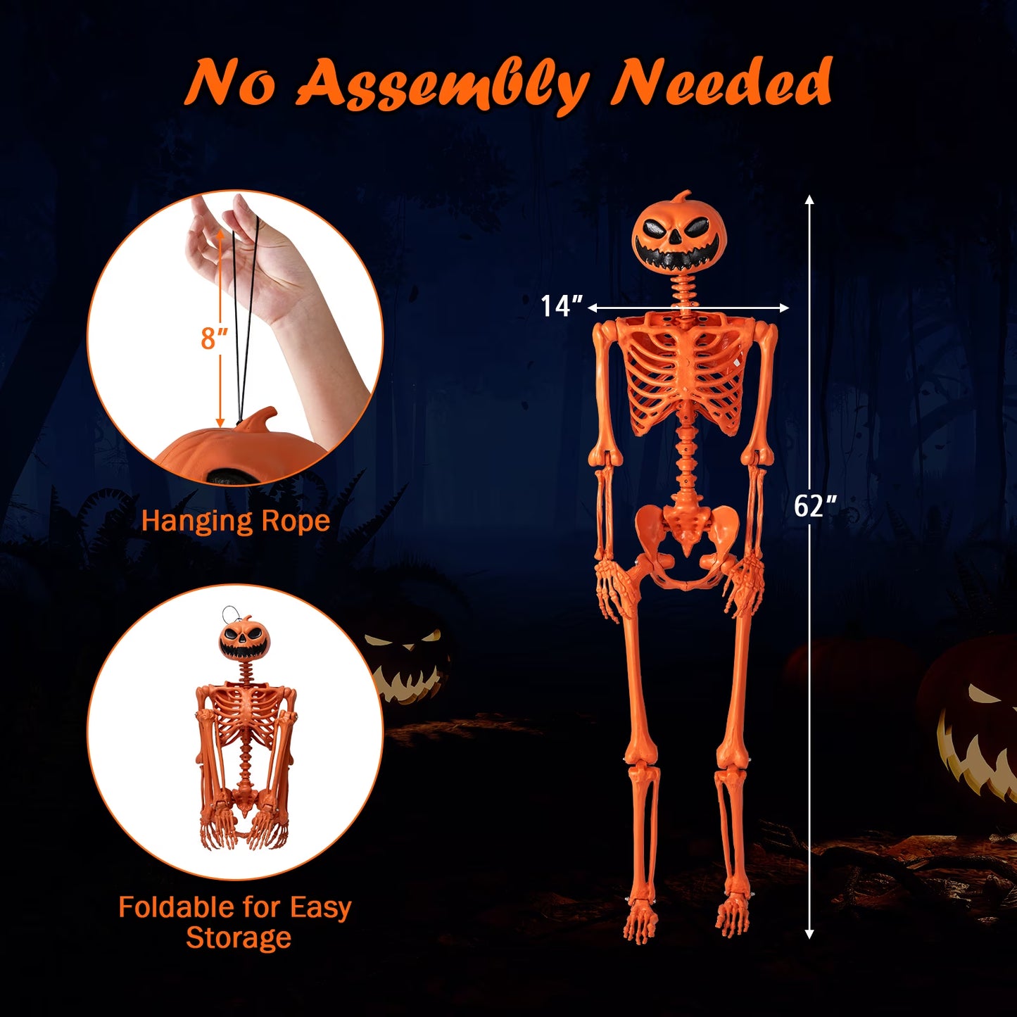 Poseable 5.2Ft Life-Size Halloween Skeleton — Pumpkin Head Yard & Porch Prop