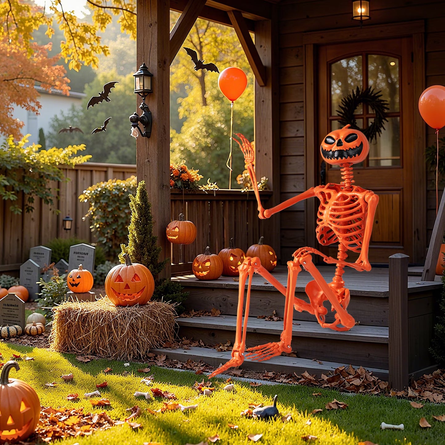 Poseable 5.2Ft Life-Size Halloween Skeleton — Pumpkin Head Yard & Porch Prop