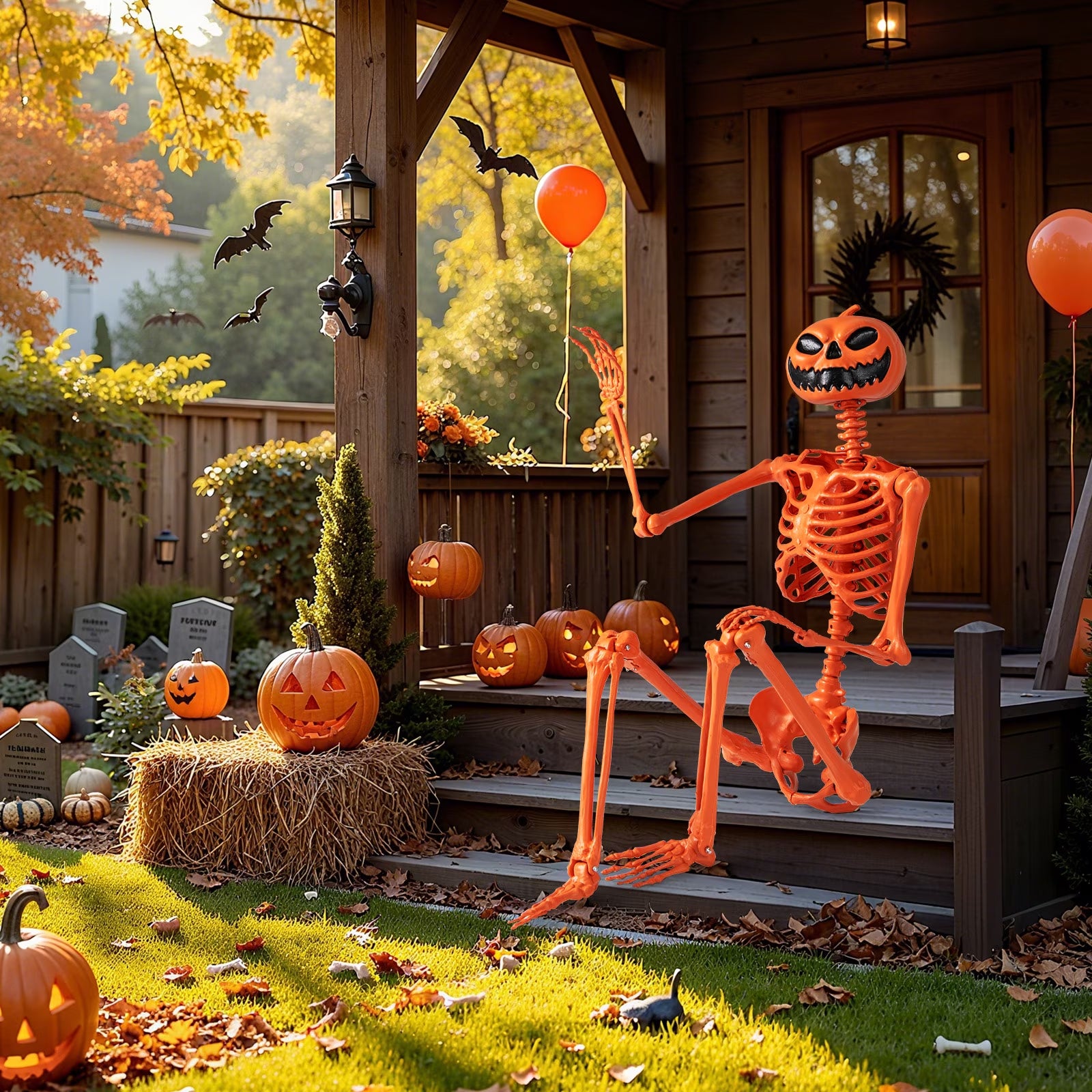 Poseable 5.2Ft Life-Size Halloween Skeleton — Pumpkin Head Yard & Porch Prop