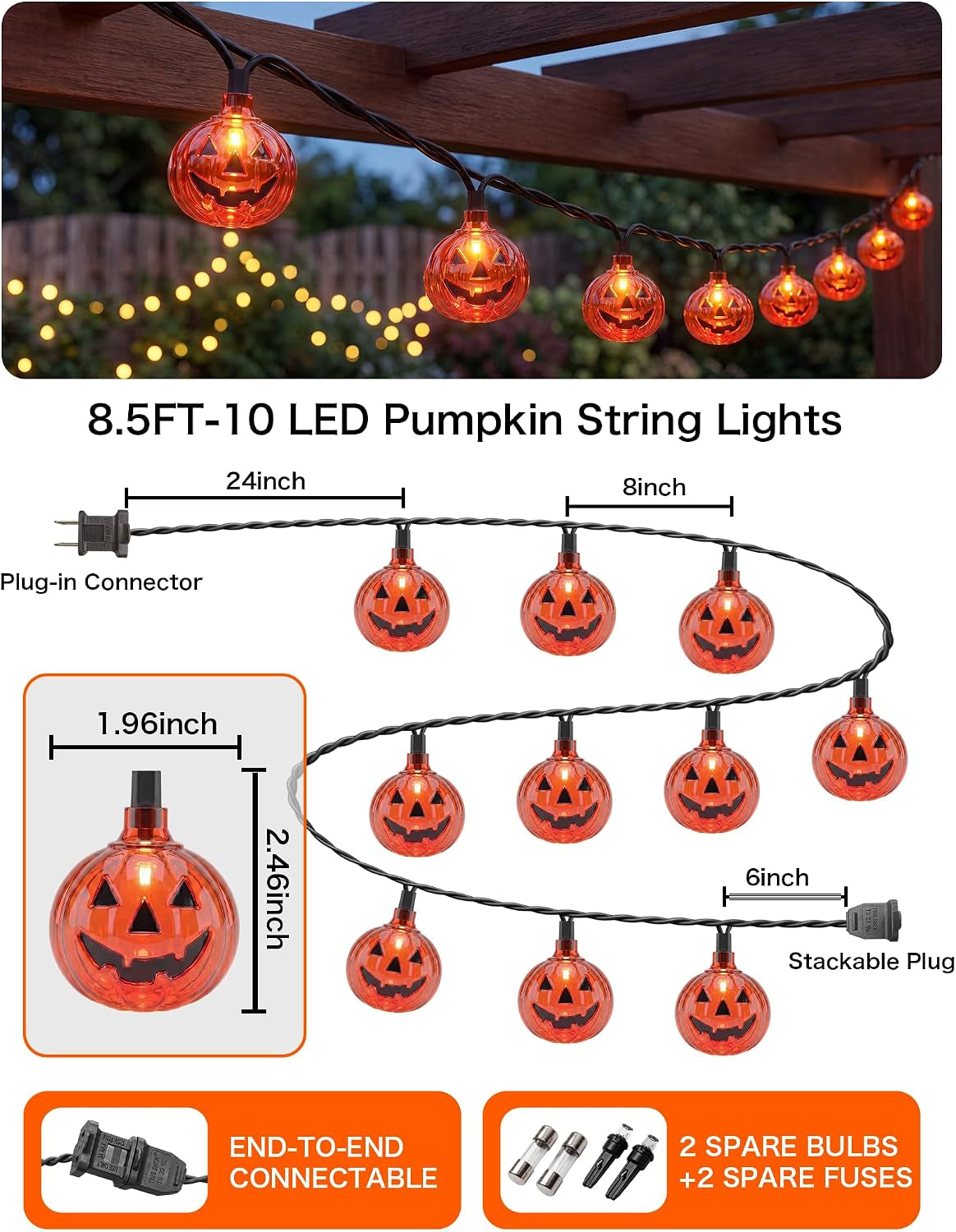 Halloween Pumpkin String Lights — 8.5Ft Jack-O-Lantern Lights Indoor Outdoor Decor