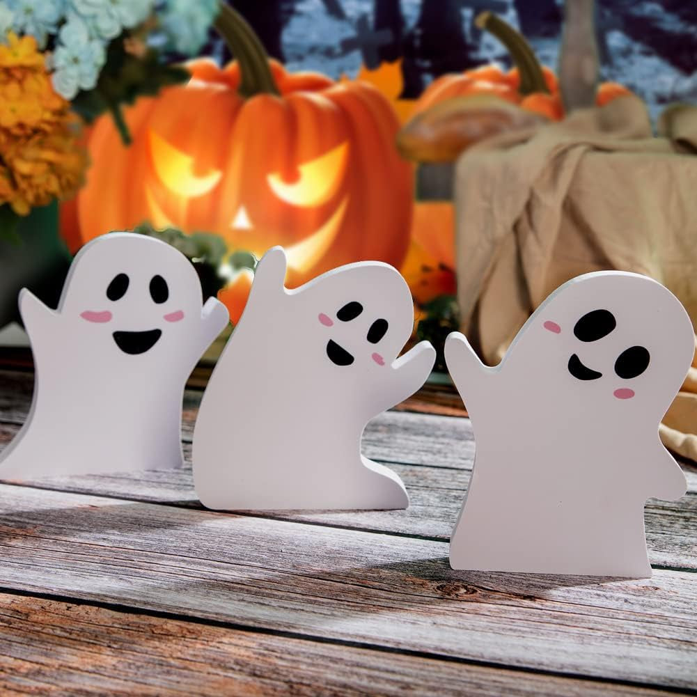 Halloween Tiered Tray Decor — Rustic Wooden Ghost Sign Set of 3 Tabletop Decorations