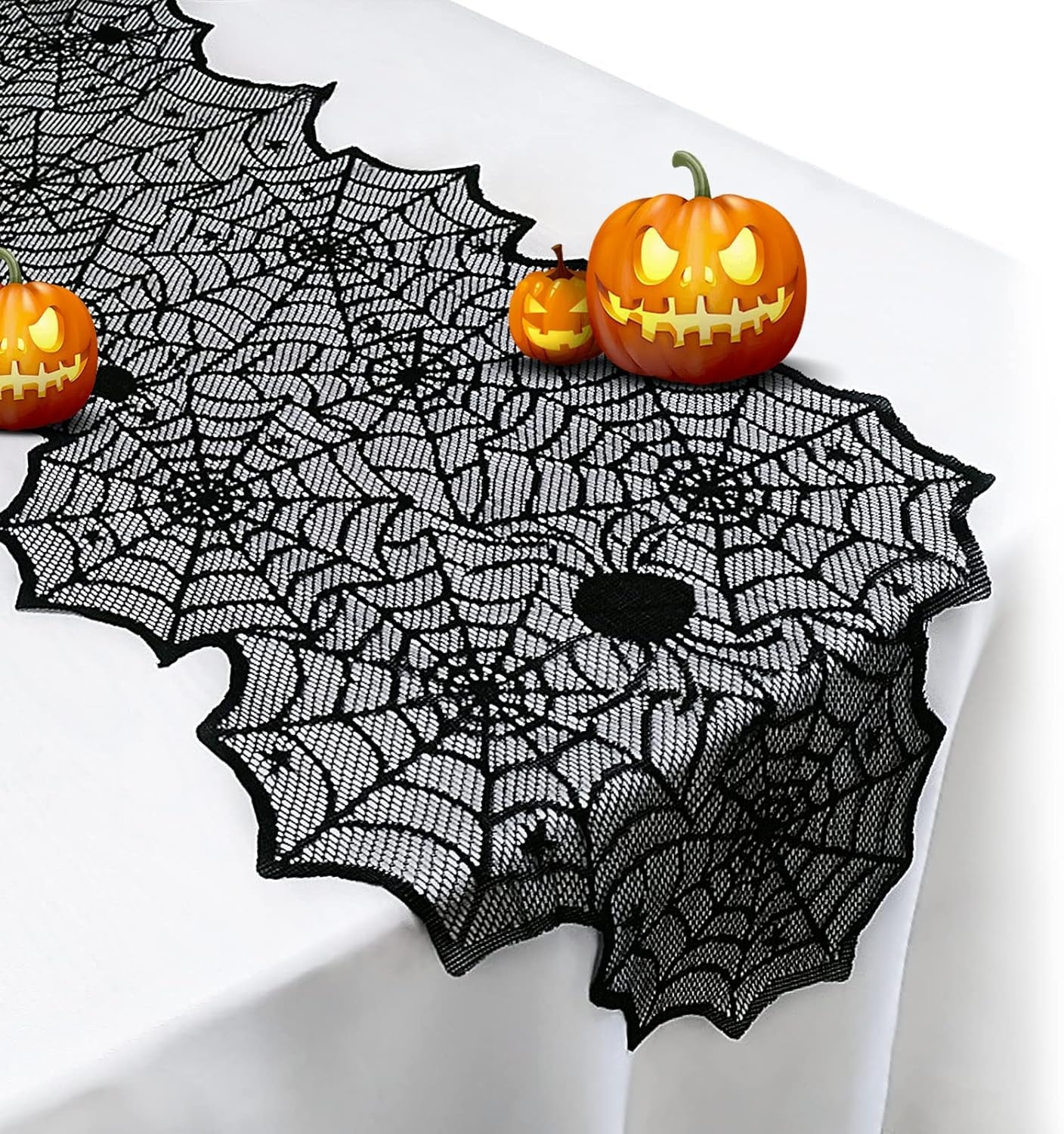 Halloween Table Runner — Black Lace Spider Web 18X72 Spooky Table Decor