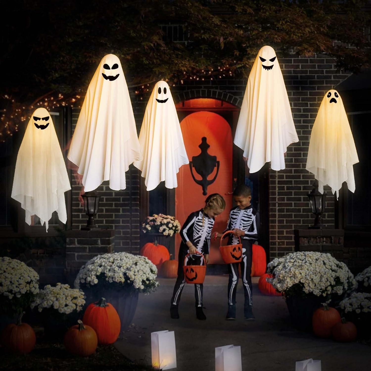 Light-Up Hanging Ghost Decorations — 4-Pack LED Spooky Ghosts for Halloween Indoor & Outdoor