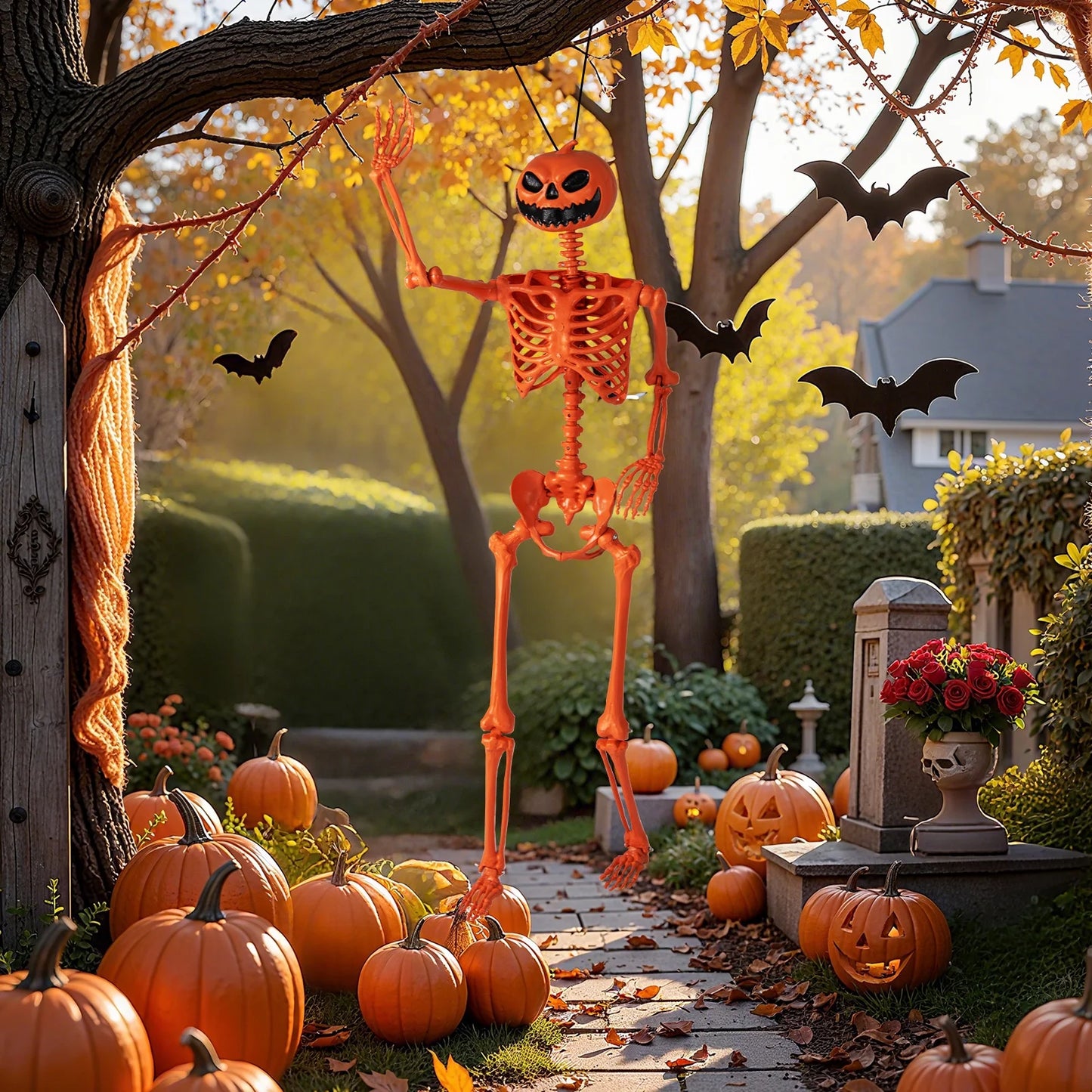 Poseable 5.2Ft Life-Size Halloween Skeleton — Pumpkin Head Yard & Porch Prop