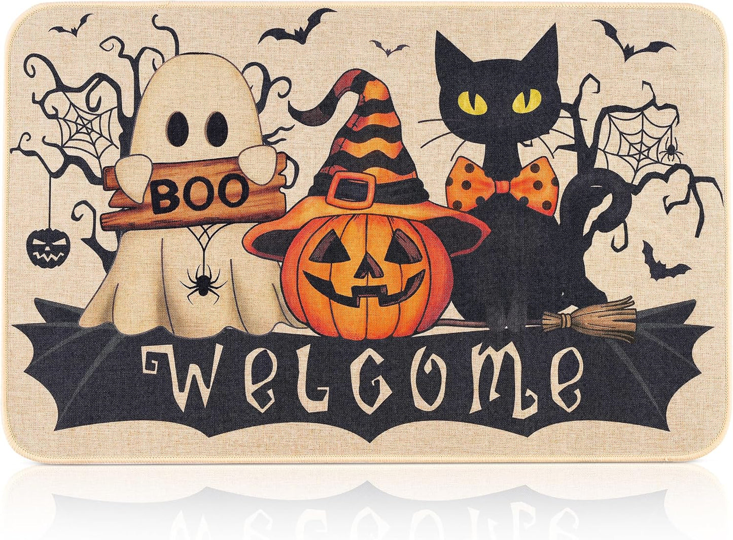 Halloween Doormat — Cute Ghost & Pumpkin Welcome Mat for Front Door Fall Decor
