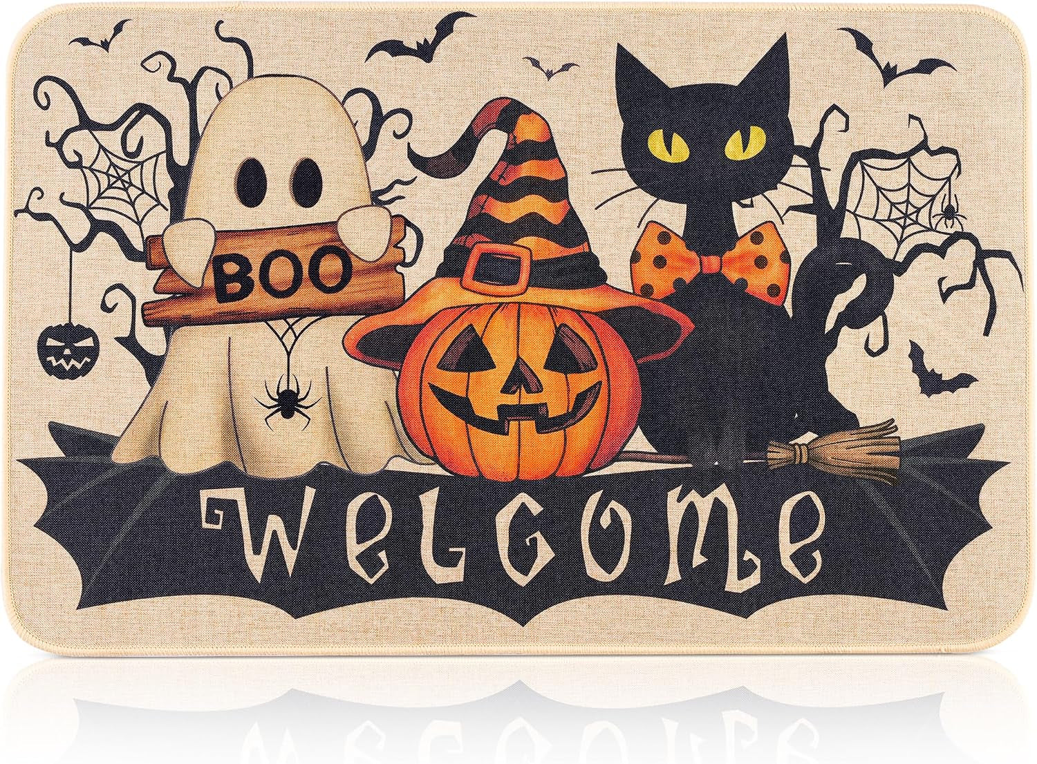 Halloween Doormat — Cute Ghost & Pumpkin Welcome Mat for Front Door Fall Decor