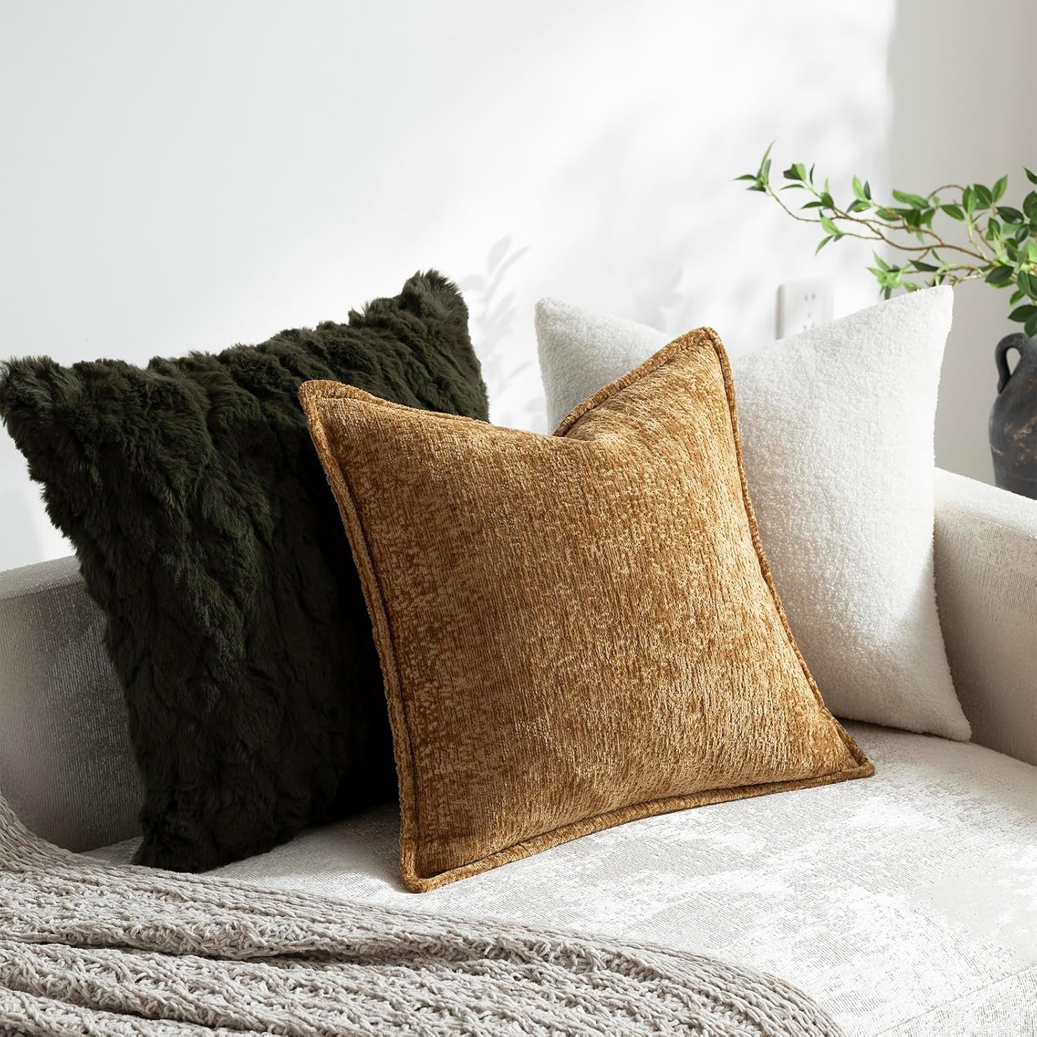 Boucle Throw Pillow Covers — Soft Chenille Textured Accent Cushion Covers for Living Room
