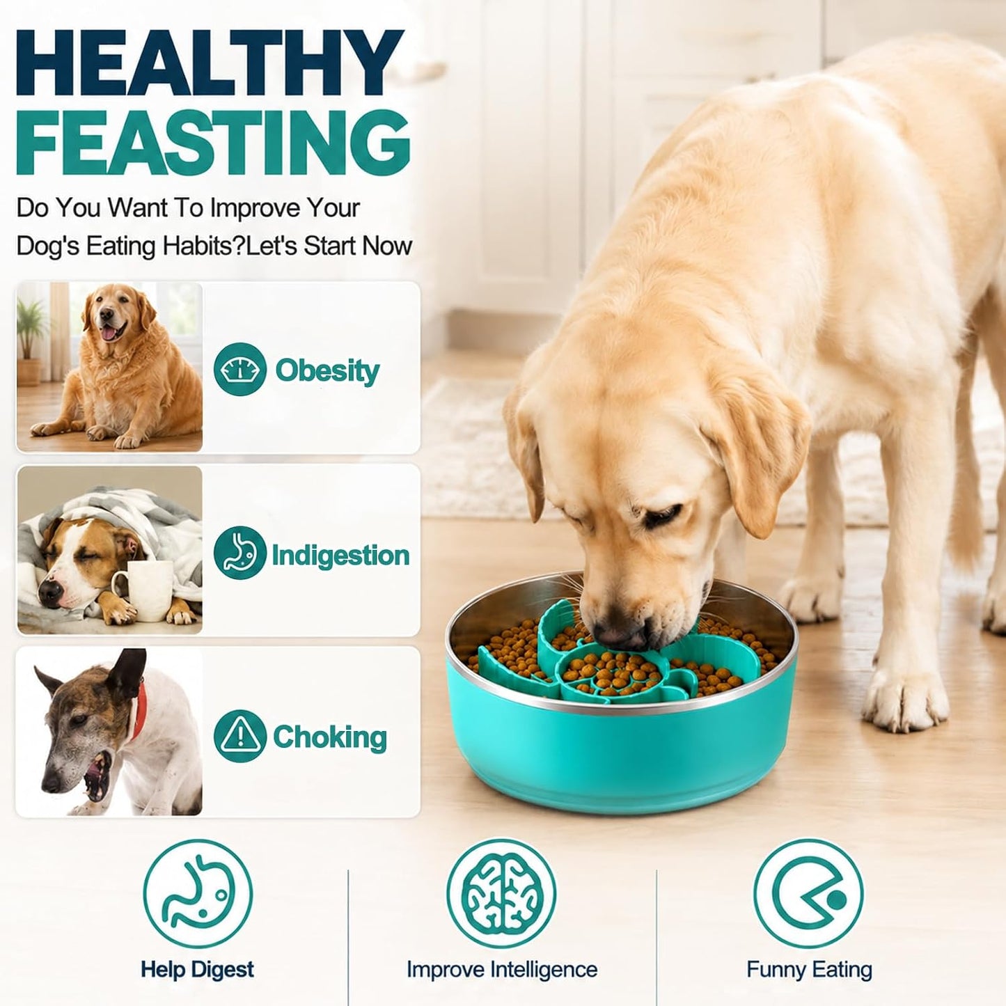 Slow Feeder Dog Bowls with Non-Slip Base for Large Dogs - Food Grade Stainless Steel Slow Feed Dog Bowl - anti Gulp Metal Feeding Bowl Set with Lick Mat - Dishwasher Safe