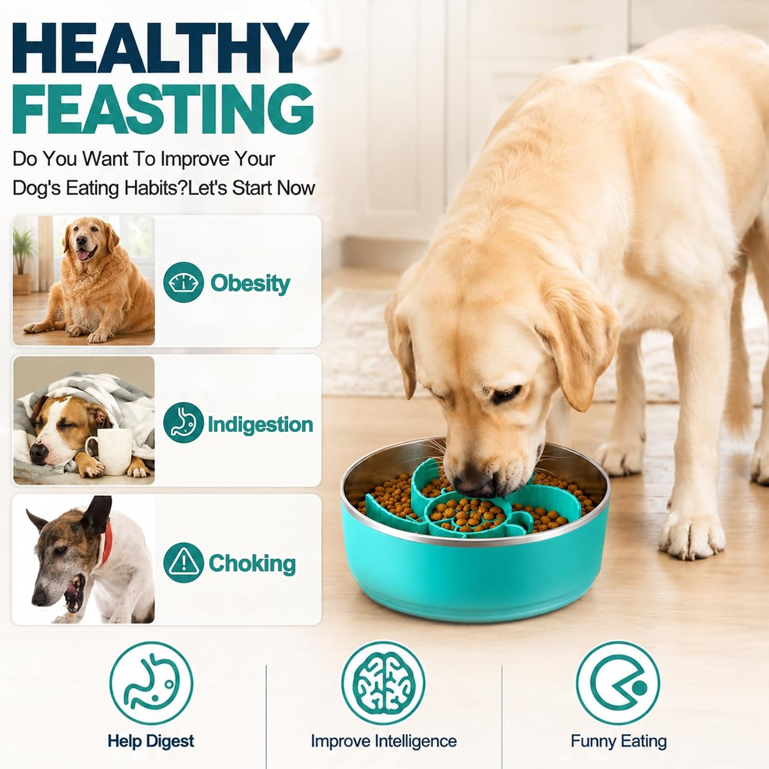 Slow Feeder Dog Bowls with Non-Slip Base for Large Dogs - Food Grade Stainless Steel Slow Feed Dog Bowl - anti Gulp Metal Feeding Bowl Set with Lick Mat - Dishwasher Safe