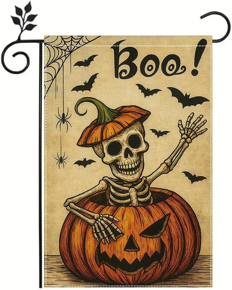 Boo Skeleton Pumpkin Garden Flag — Double-Sided Halloween Yard Décor 12X18