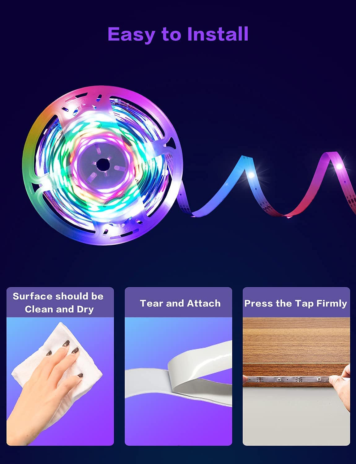 Lumaflow 33Ft RGB LED Strip Lights — App & Music Sync, Color-Changing with Remote