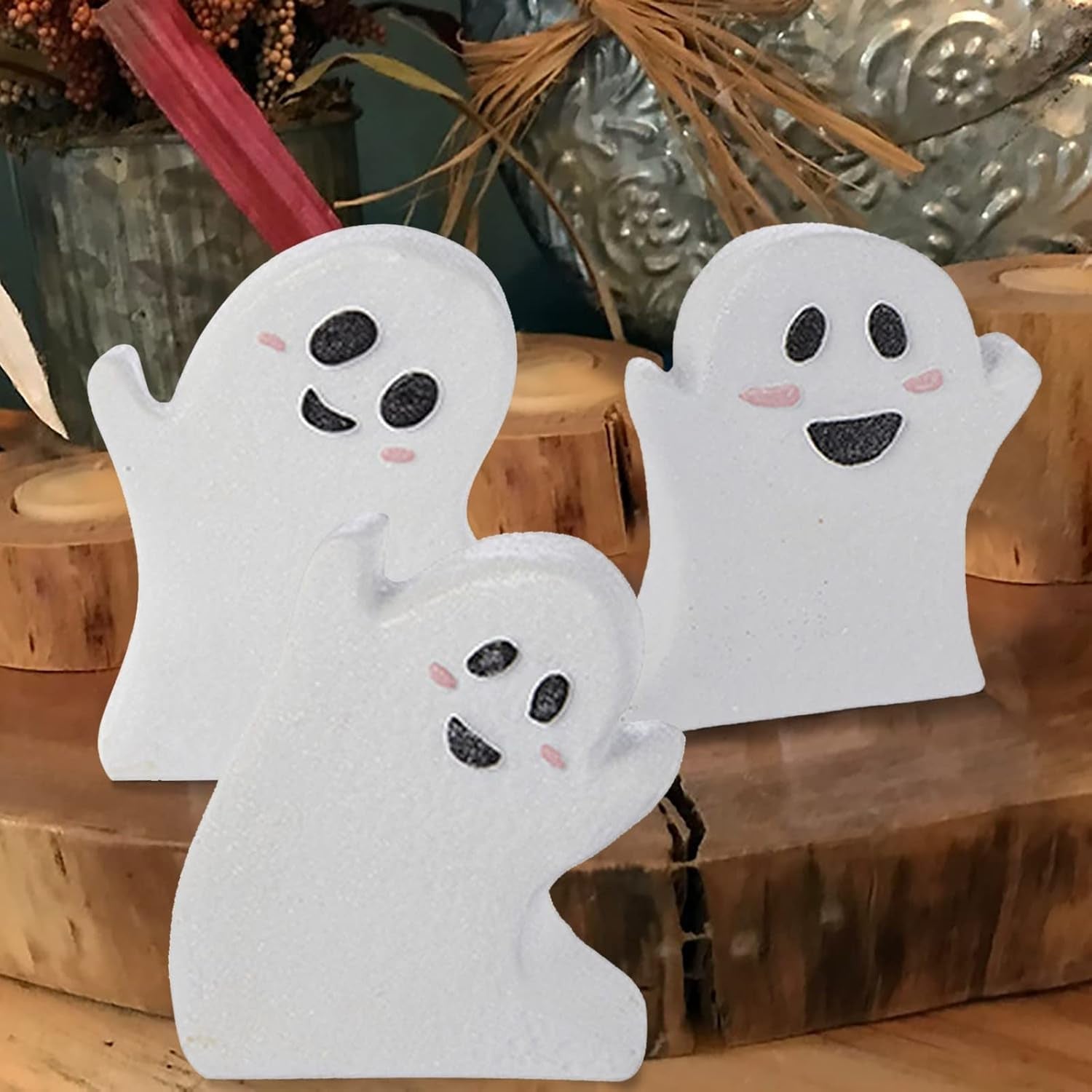 Halloween Tiered Tray Decor — Rustic Wooden Ghost Sign Set of 3 Tabletop Decorations
