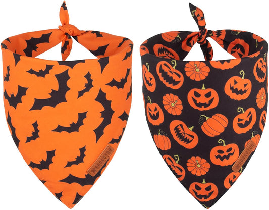 Halloween Dog Bandana, Pumpkin Bat Pet Scarf, Premium Durable Fabric, Orange Black Halloween Bandanas for Medium Large Dogs Pets (Large)
