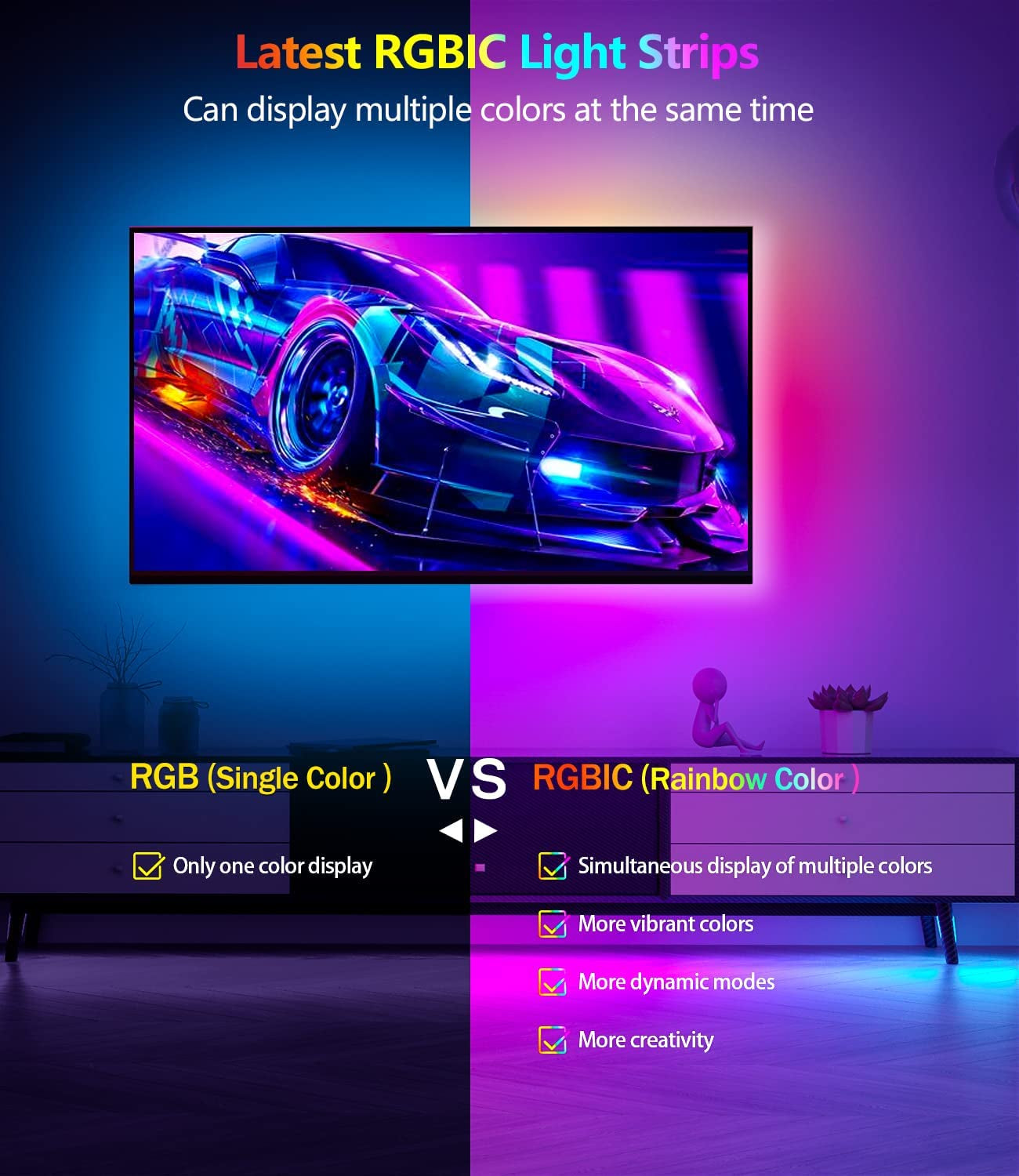Lumaflow 33Ft RGB LED Strip Lights — App & Music Sync, Color-Changing with Remote