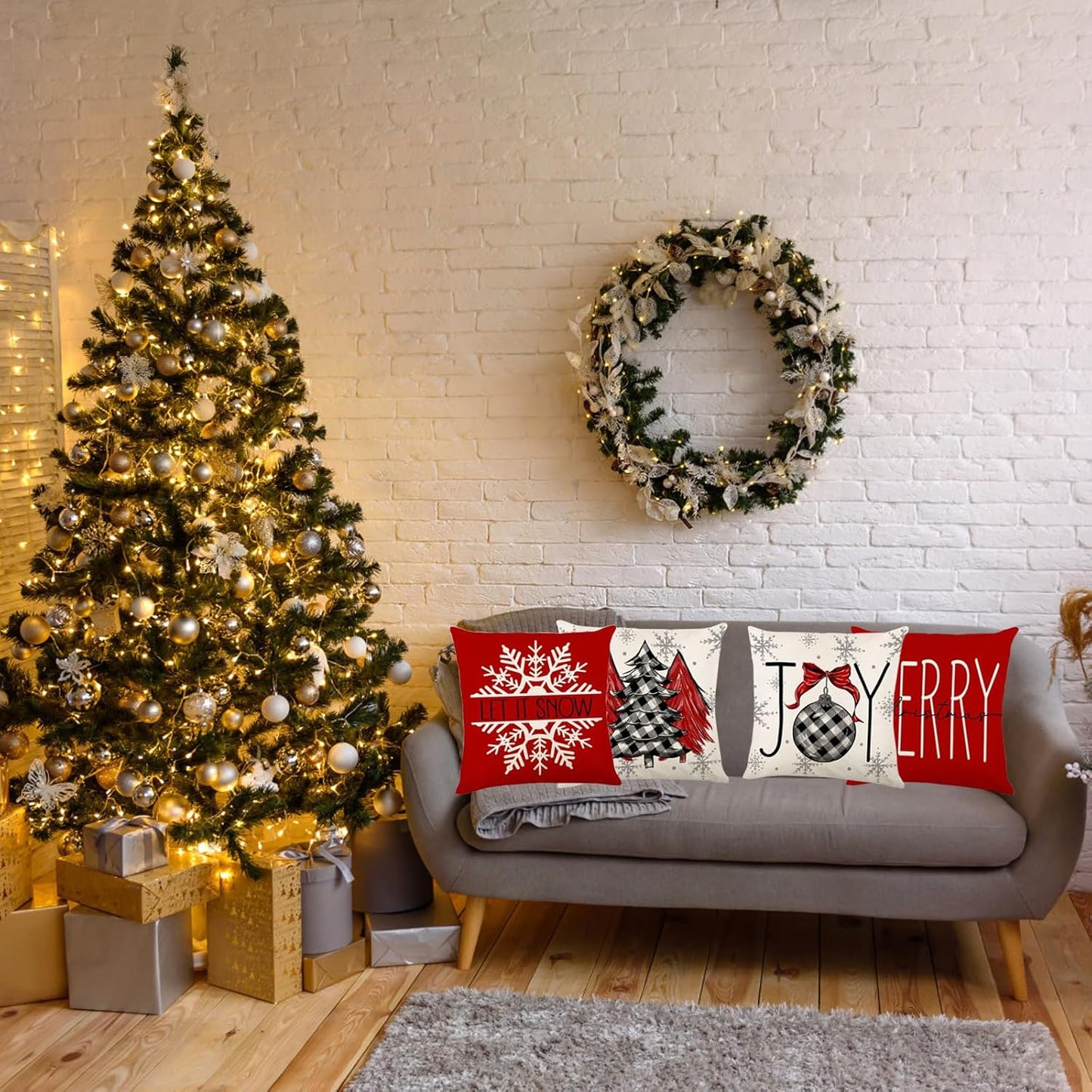 Christmas Throw Pillow Covers — Set of 4 Farmhouse Holiday Decor for Couch & Sofa
