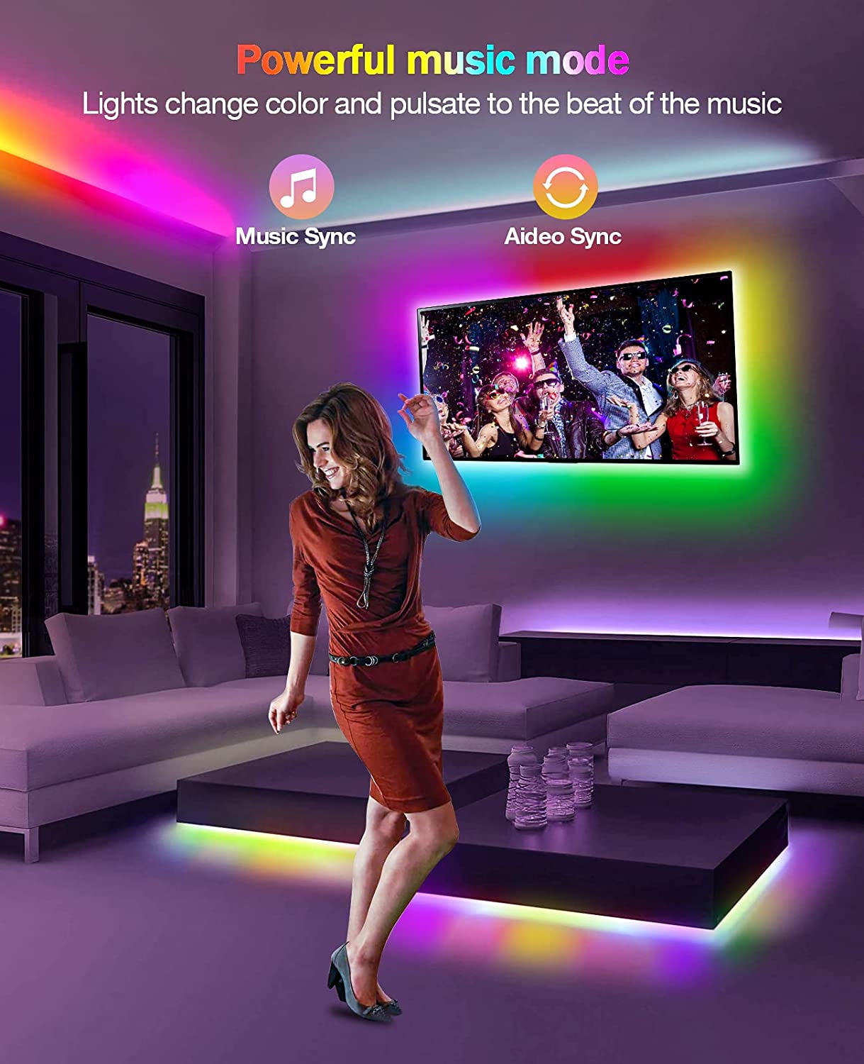 Lumaflow 33Ft RGB LED Strip Lights — App & Music Sync, Color-Changing with Remote