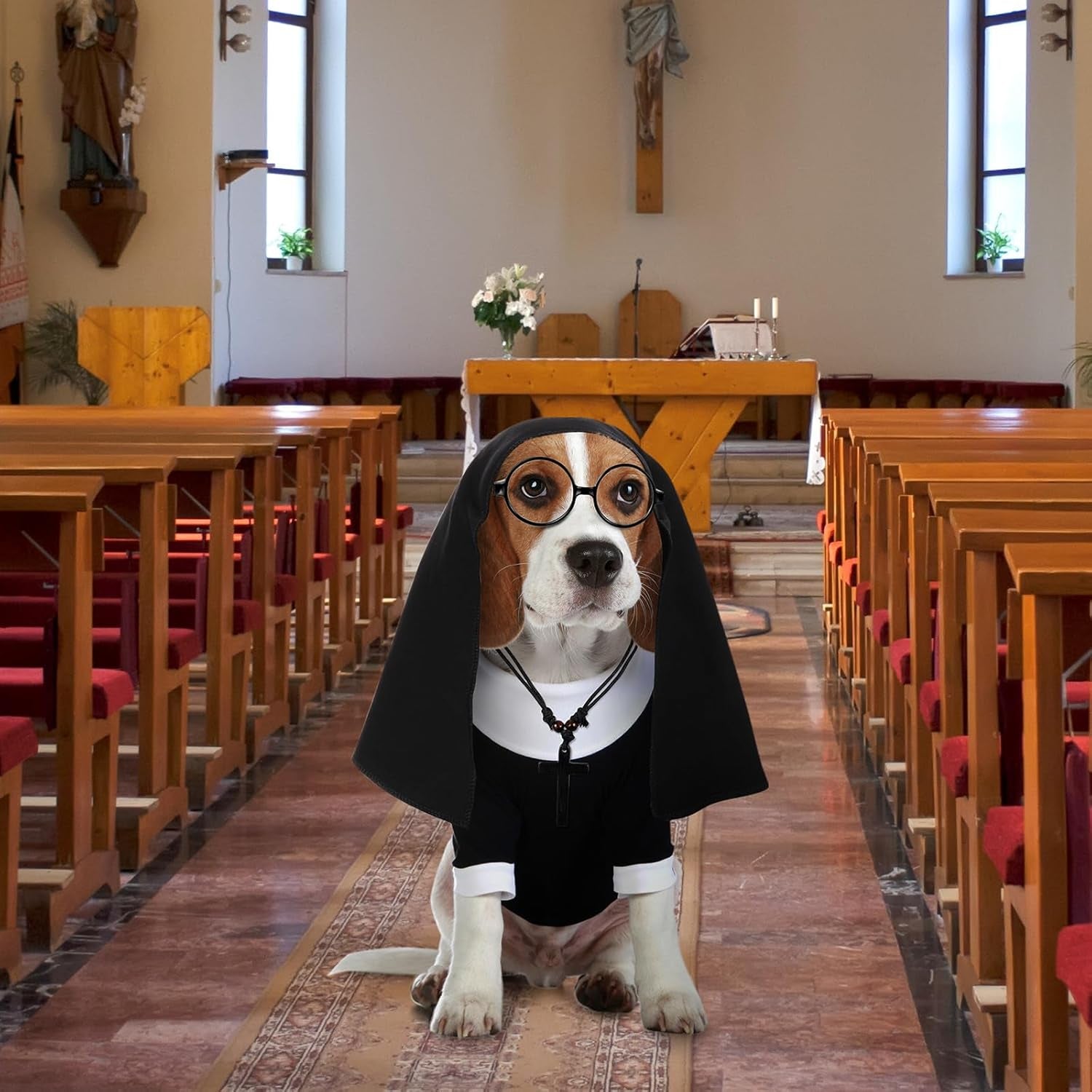 4 Pcs Dog Halloween Nun Costume Set Pet Nun Clothes with Lensless Glasses Cross Necklace Funny Cat Puppy Cosplay Party Outfits for Halloween Dogs Cats Dress up Holiday Uniform Cosplay(M)