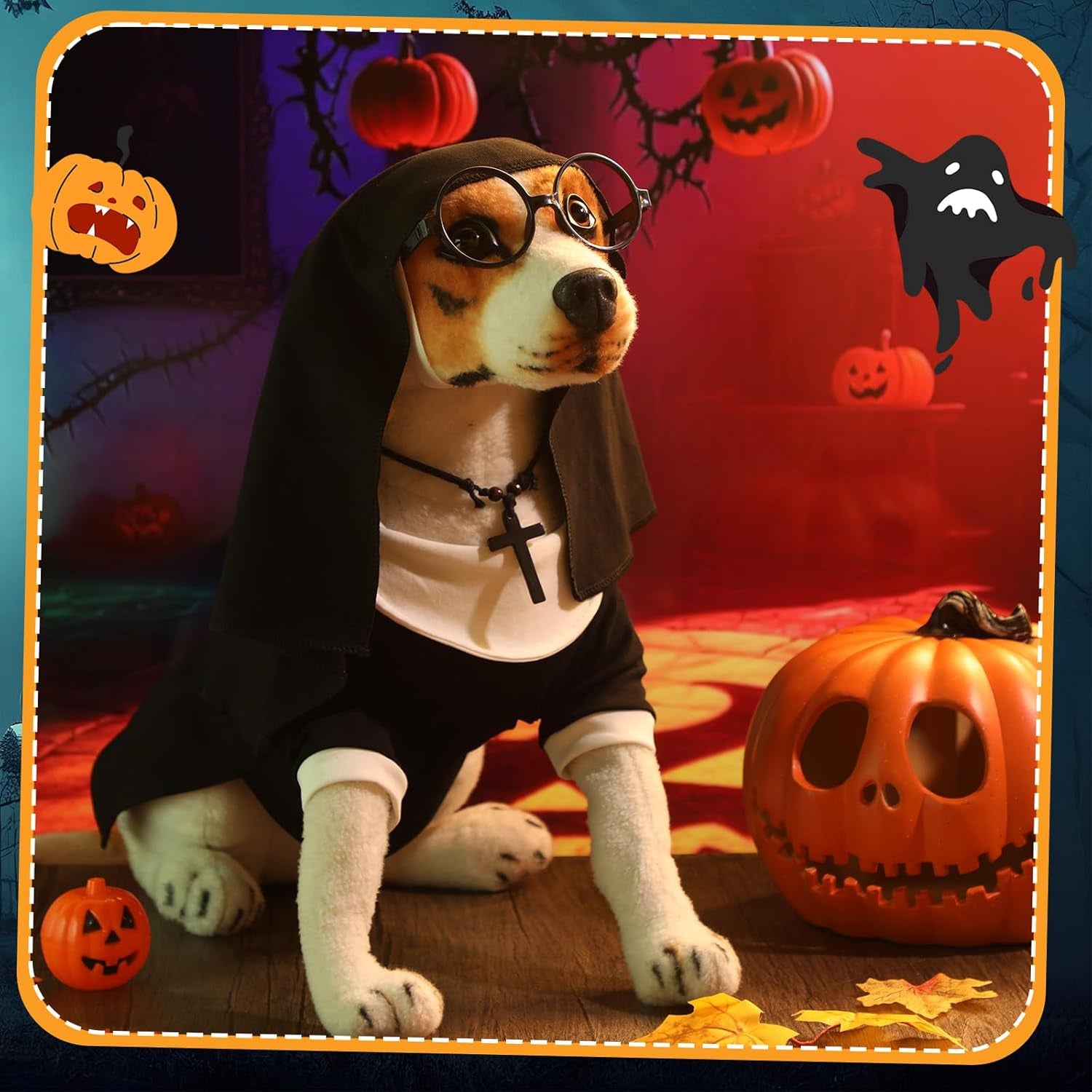 4 Pcs Dog Halloween Nun Costume Set Pet Nun Clothes with Lensless Glasses Cross Necklace Funny Cat Puppy Cosplay Party Outfits for Halloween Dogs Cats Dress up Holiday Uniform Cosplay(M)