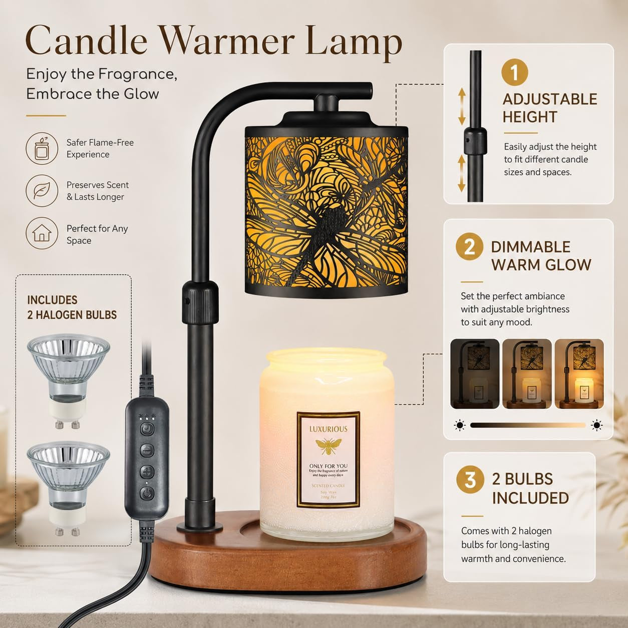 Gilded Dragonfly Candle Warmer Lamp with Timer — Artisan Wax Melt Warmer | Elegant Flameless Candle Light & Home Decor Gift