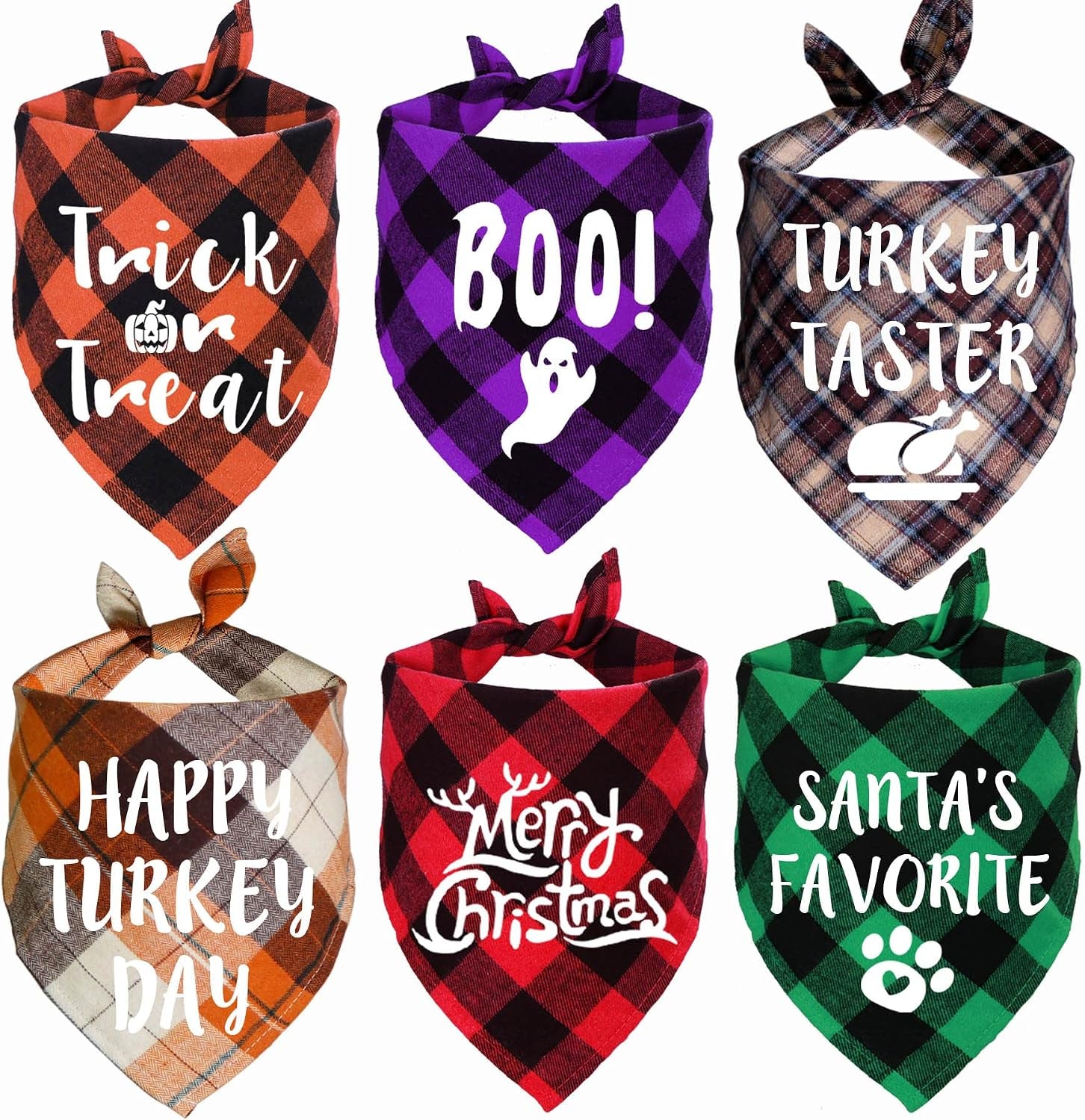 Holiday Plaid Dog Bandanas, 6 Pack Halloween Thanksgiving Day Christmas Dogs Bandana for Holiday Dog Puppy Costumes Decorations