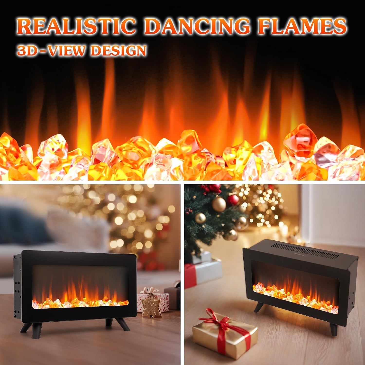 Freestanding Electric Fireplace Heater — Realistic 3D Flames, Infrared Space Heater