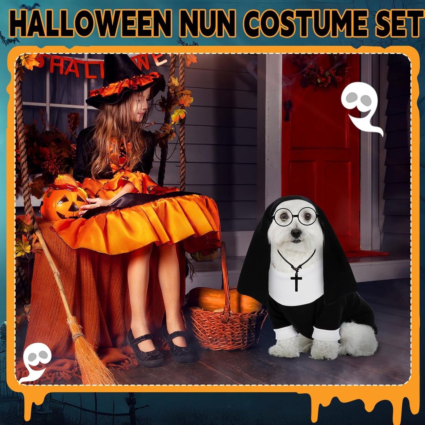 4 Pcs Dog Halloween Nun Costume Set Pet Nun Clothes with Lensless Glasses Cross Necklace Funny Cat Puppy Cosplay Party Outfits for Halloween Dogs Cats Dress up Holiday Uniform Cosplay(M)