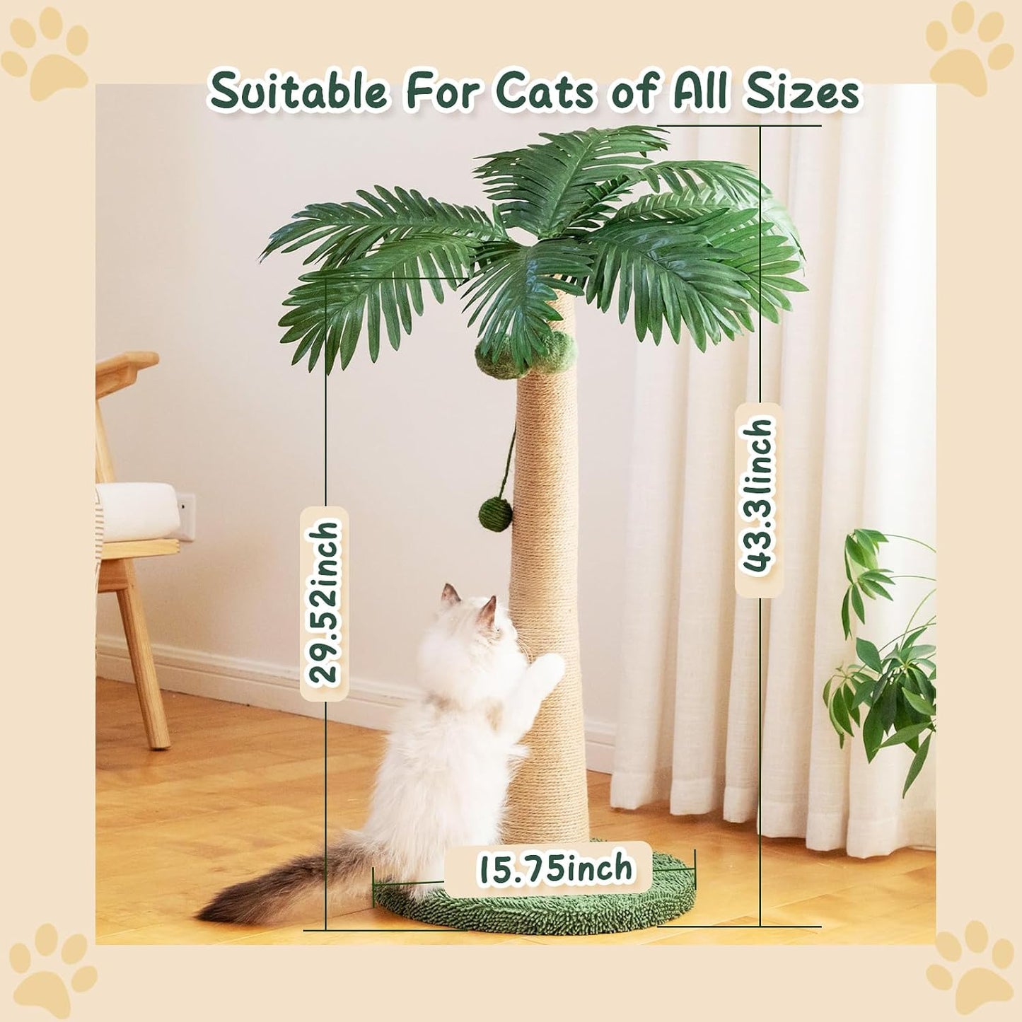 43 Inch Cat Scratching Post, with Hanging Ball for Indoor Cats Large Cat Scratching Post Sisal Cat Scratcher, New Round