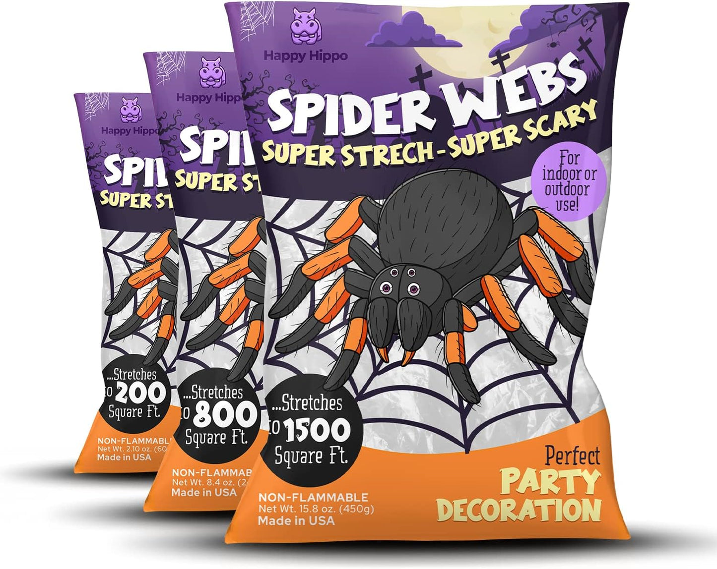 Halloween Spider Web Decoration — 200 Sq Ft Stretch Web + 8 Fake Spiders
