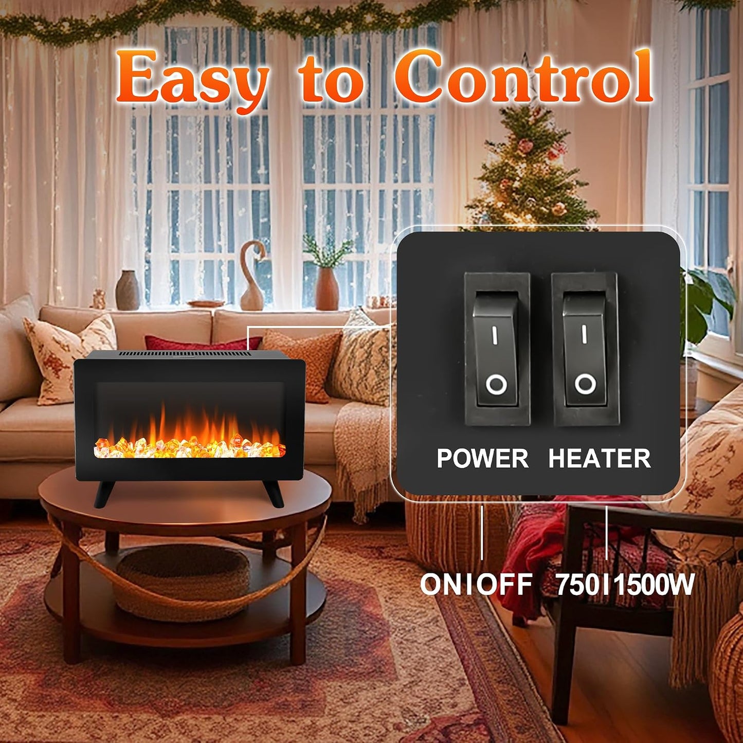 Freestanding Electric Fireplace Heater — Realistic 3D Flames, Infrared Space Heater