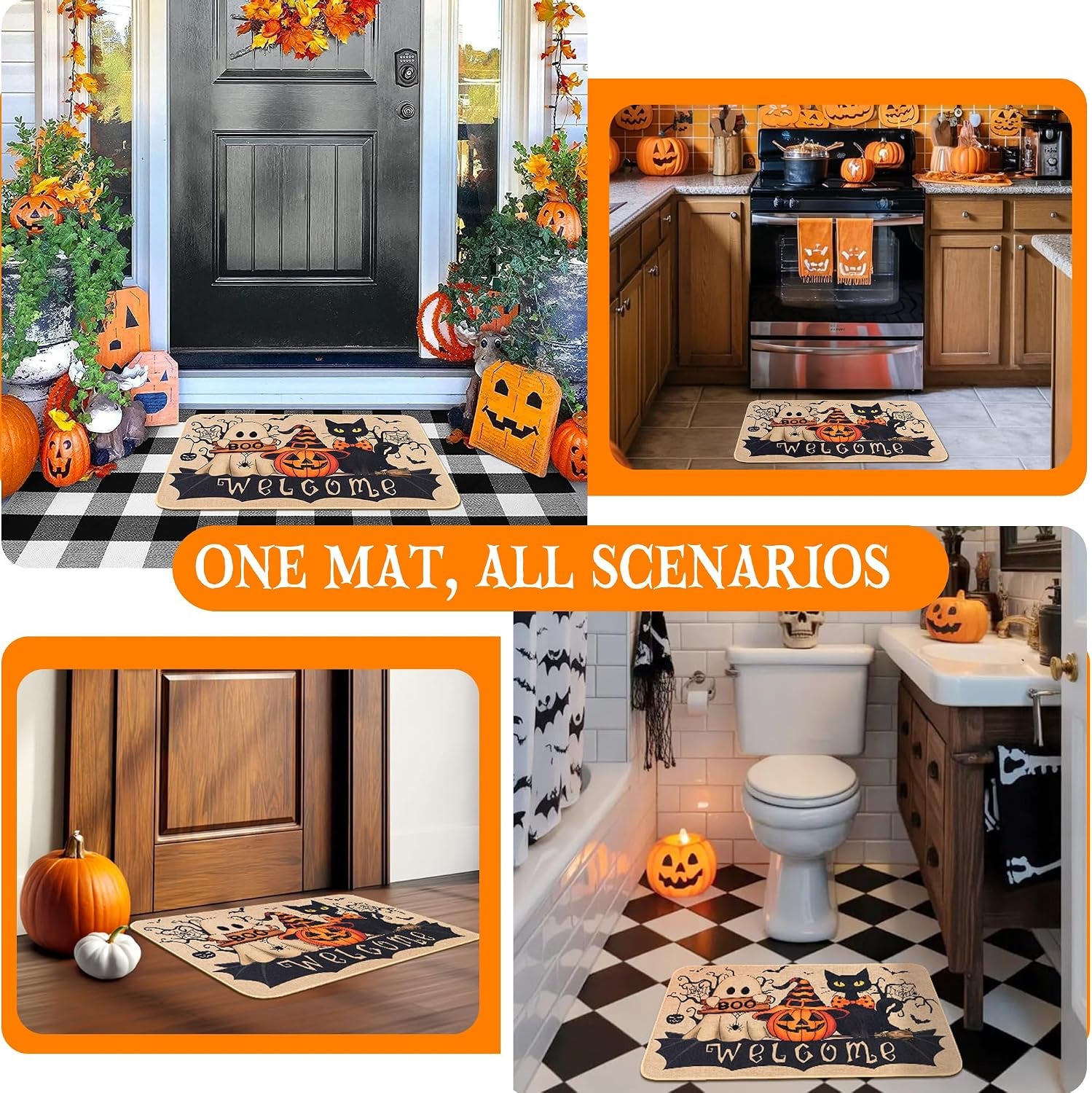 Halloween Doormat — Cute Ghost & Pumpkin Welcome Mat for Front Door Fall Decor