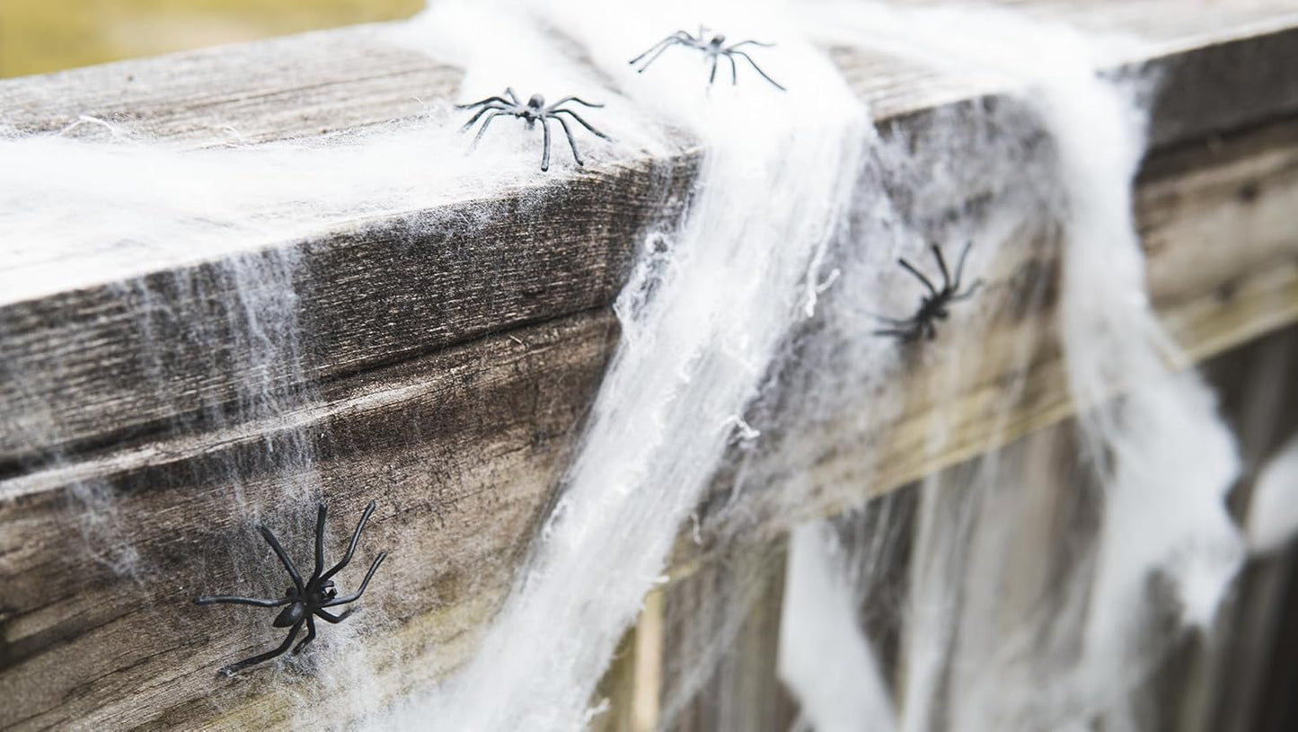 Halloween Spider Web Decoration — 200 Sq Ft Stretch Web + 8 Fake Spiders