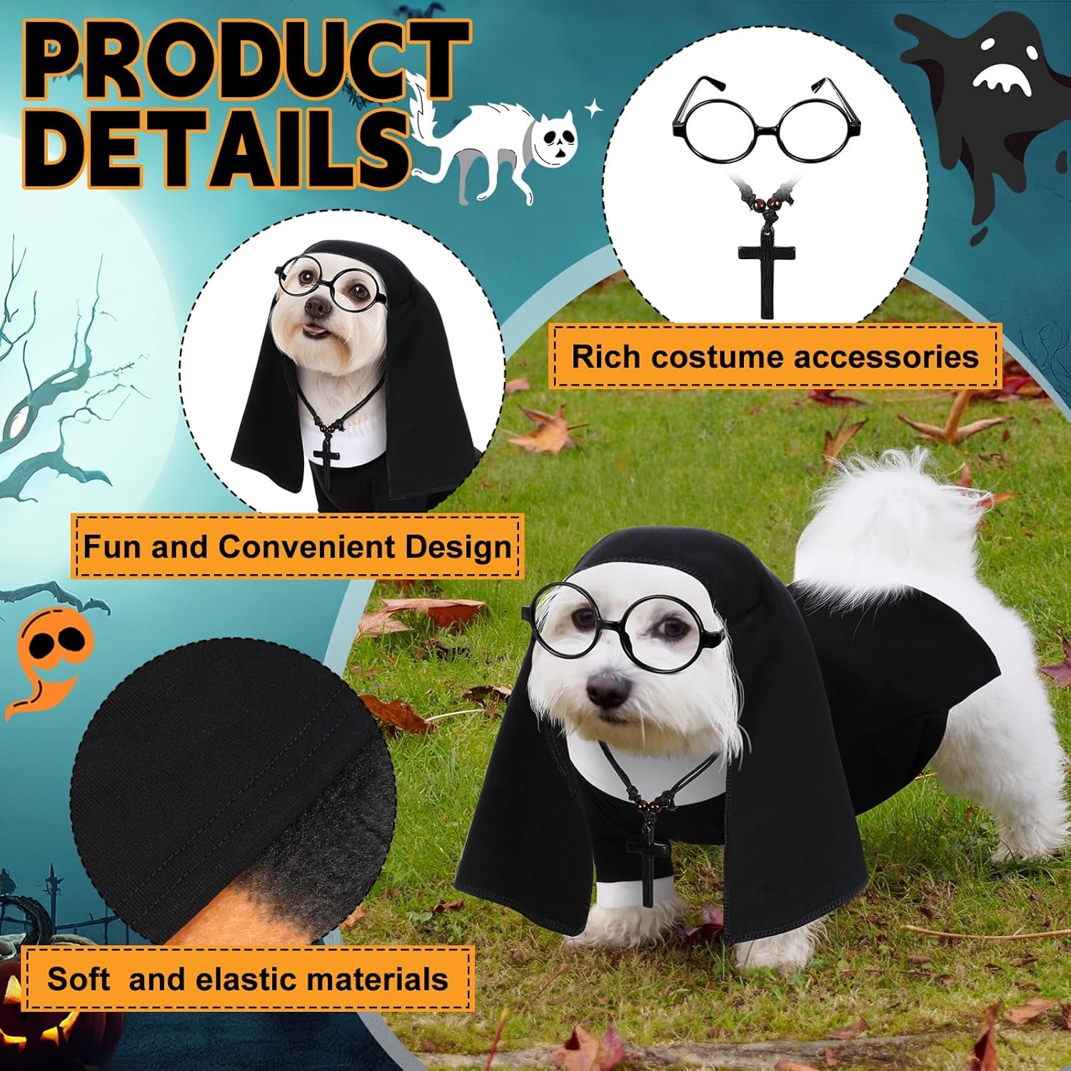 4 Pcs Dog Halloween Nun Costume Set Pet Nun Clothes with Lensless Glasses Cross Necklace Funny Cat Puppy Cosplay Party Outfits for Halloween Dogs Cats Dress up Holiday Uniform Cosplay(M)