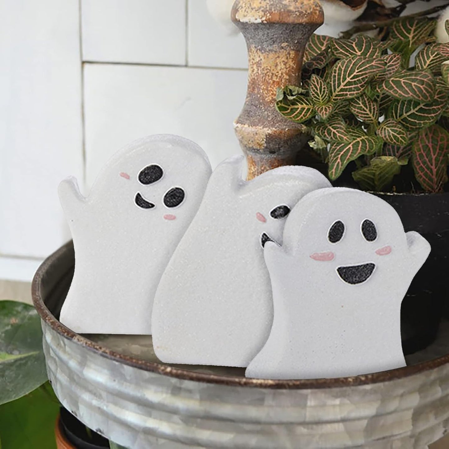 Halloween Tiered Tray Decor — Rustic Wooden Ghost Sign Set of 3 Tabletop Decorations