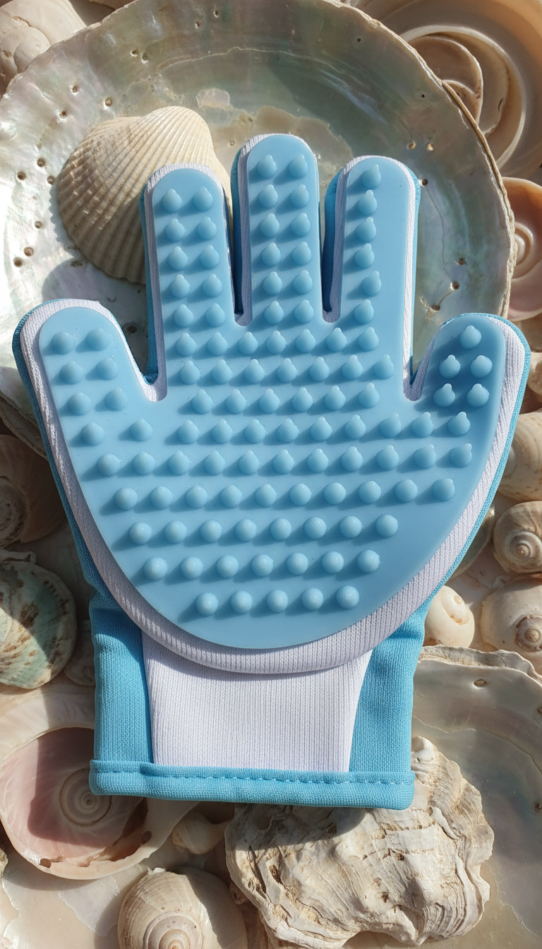 Pet grooming glove with soft bristles