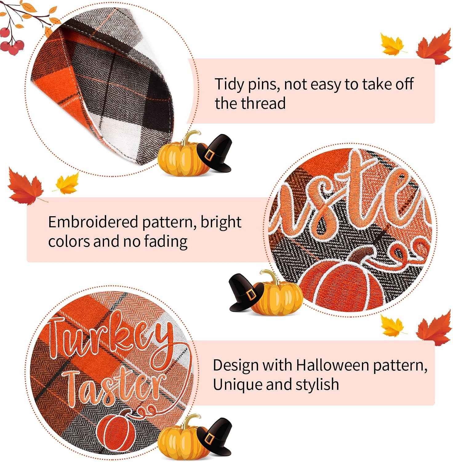 Holiday Dog Bandana, Halloween Thanksgiving Classic Plaid Pet Bandana Embroidered Scarf Triangle Bibs Kerchief Pet Costume Accessories for Small Medium Large Dogs Cats Pets (Small, Style 4)