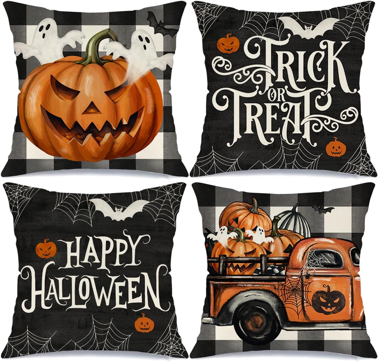 Halloween Throw Pillow Covers 18X18 — Set of 4 Spooky Fall Decorations for Couch & Sofa