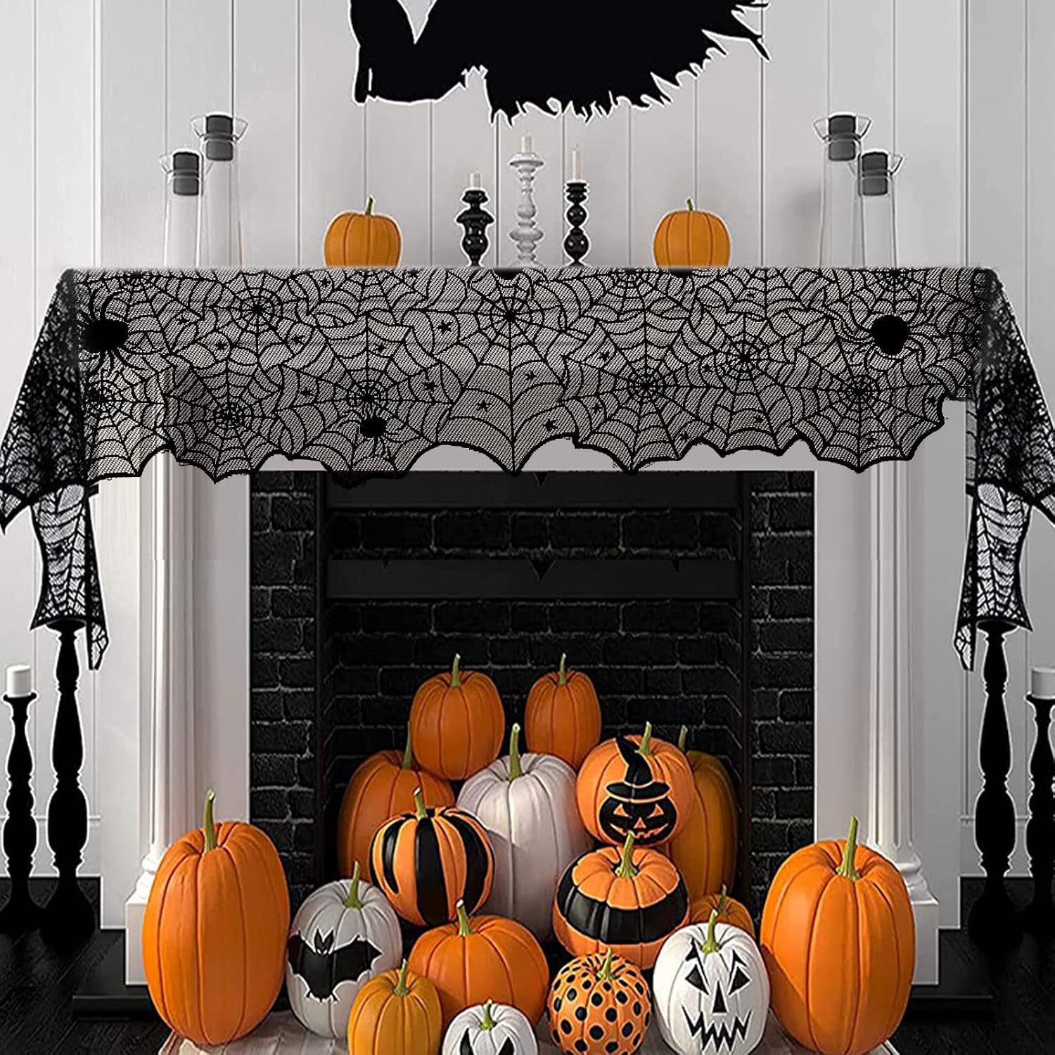 Halloween Table Runner — Black Lace Spider Web 18X72 Spooky Table Decor