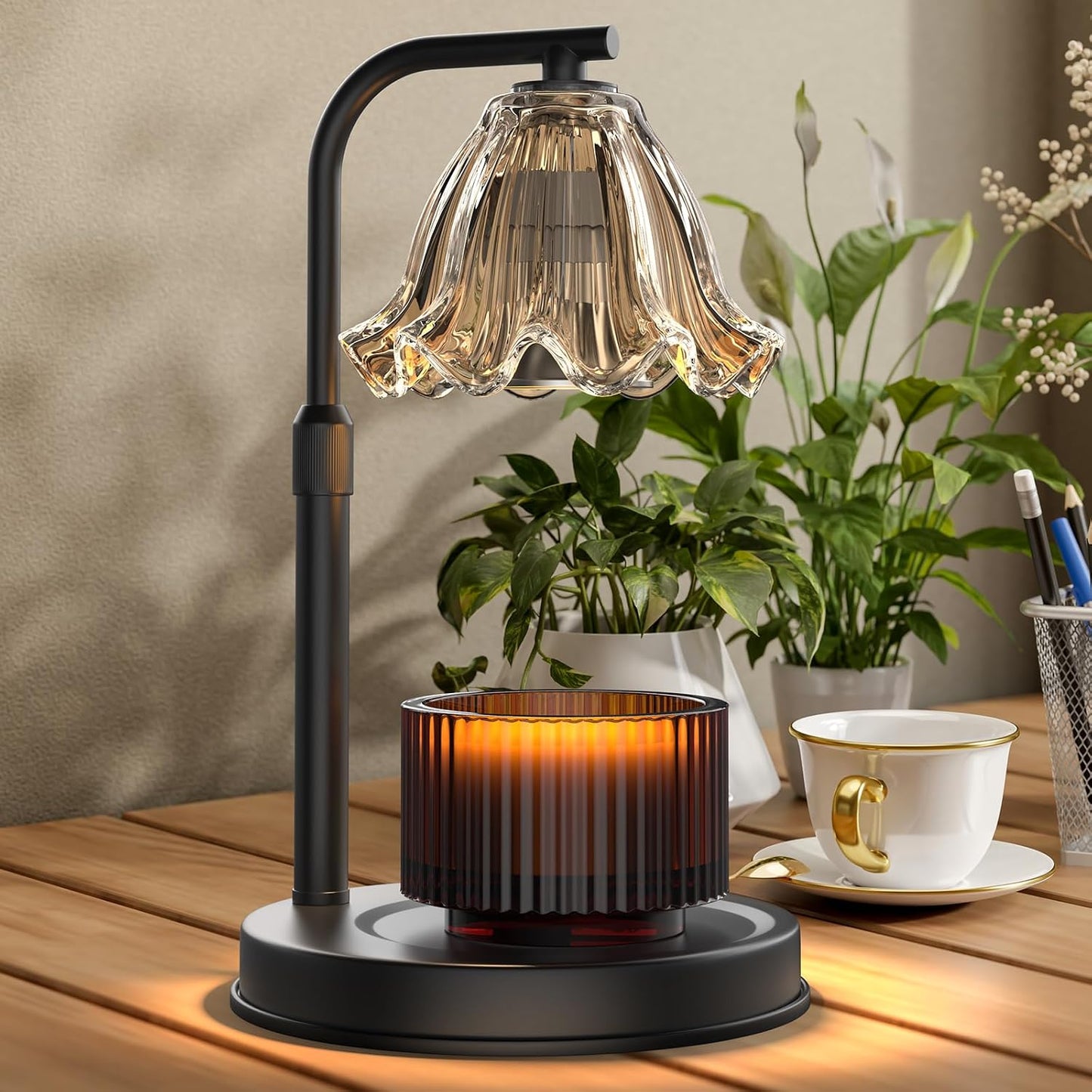 Onyx Bloom Candle Warmer Lamp — Modern Black Flower Wax Warmer with Timer | Chic Flameless Candle Light & Home Gift