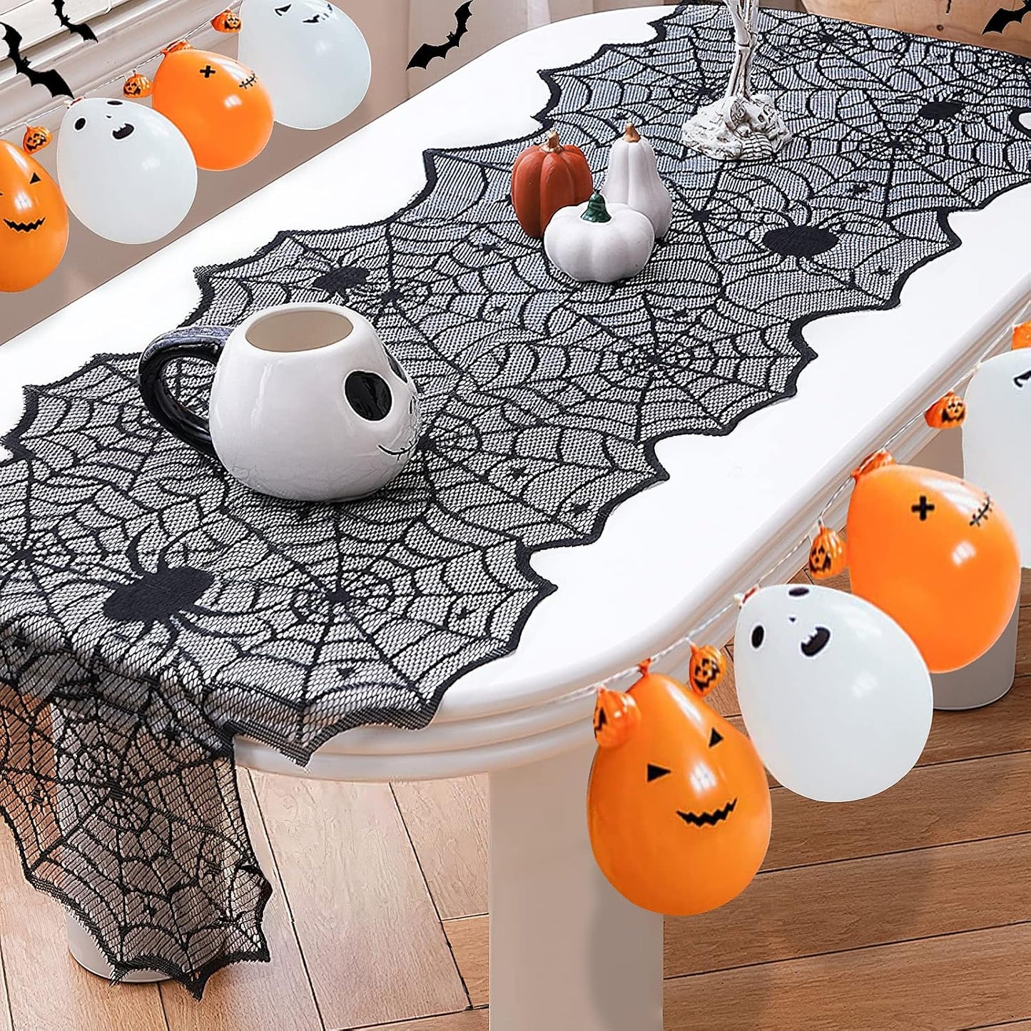 Halloween Table Runner — Black Lace Spider Web 18X72 Spooky Table Decor
